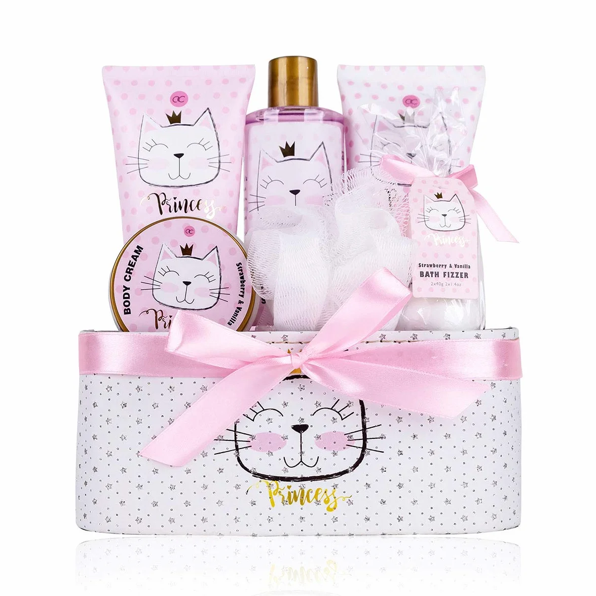 Accentra PRINCESS KITTY Juego de regalo baño mujer 250 ml gel de ducha loción exfoliante crema bombas baño esponja cesta fresa vainilla