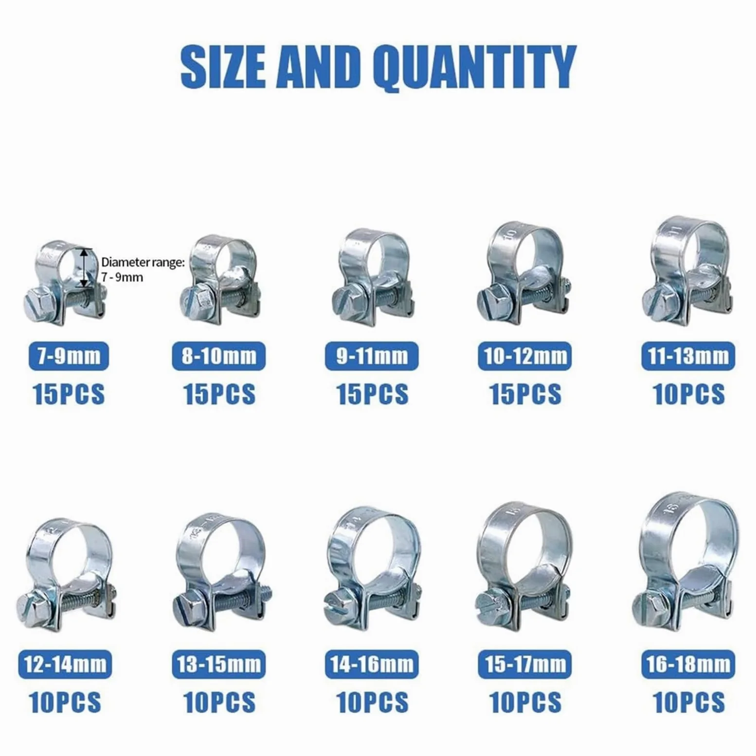 120 Uds 7-18mm Kit de abrazadera manguera combustible Mini Chapado en Zinc for tubería gasolina diésel