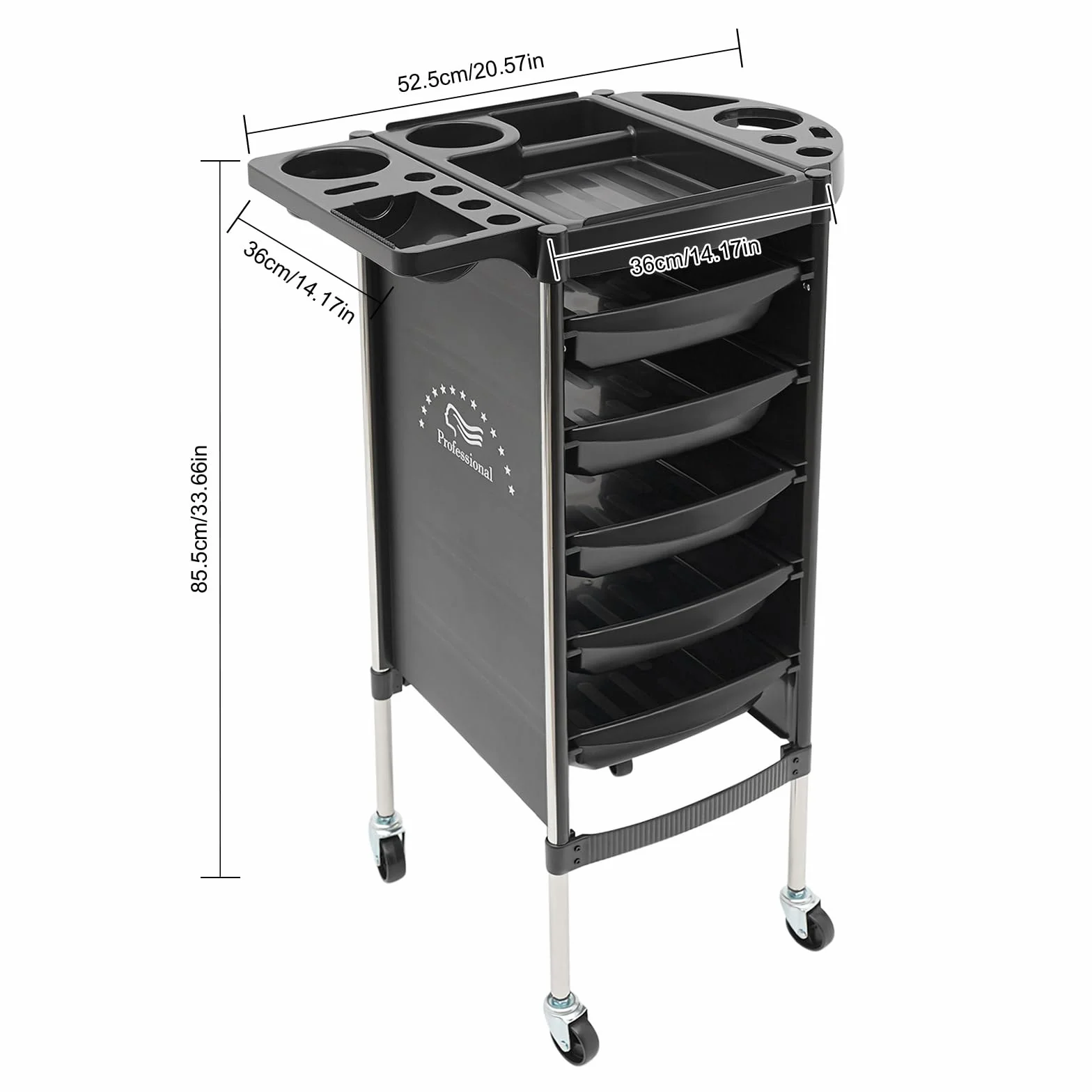Carrito de peluquería 6 pisos 5 cajones acero inoxidable negro 36x85.5 cm