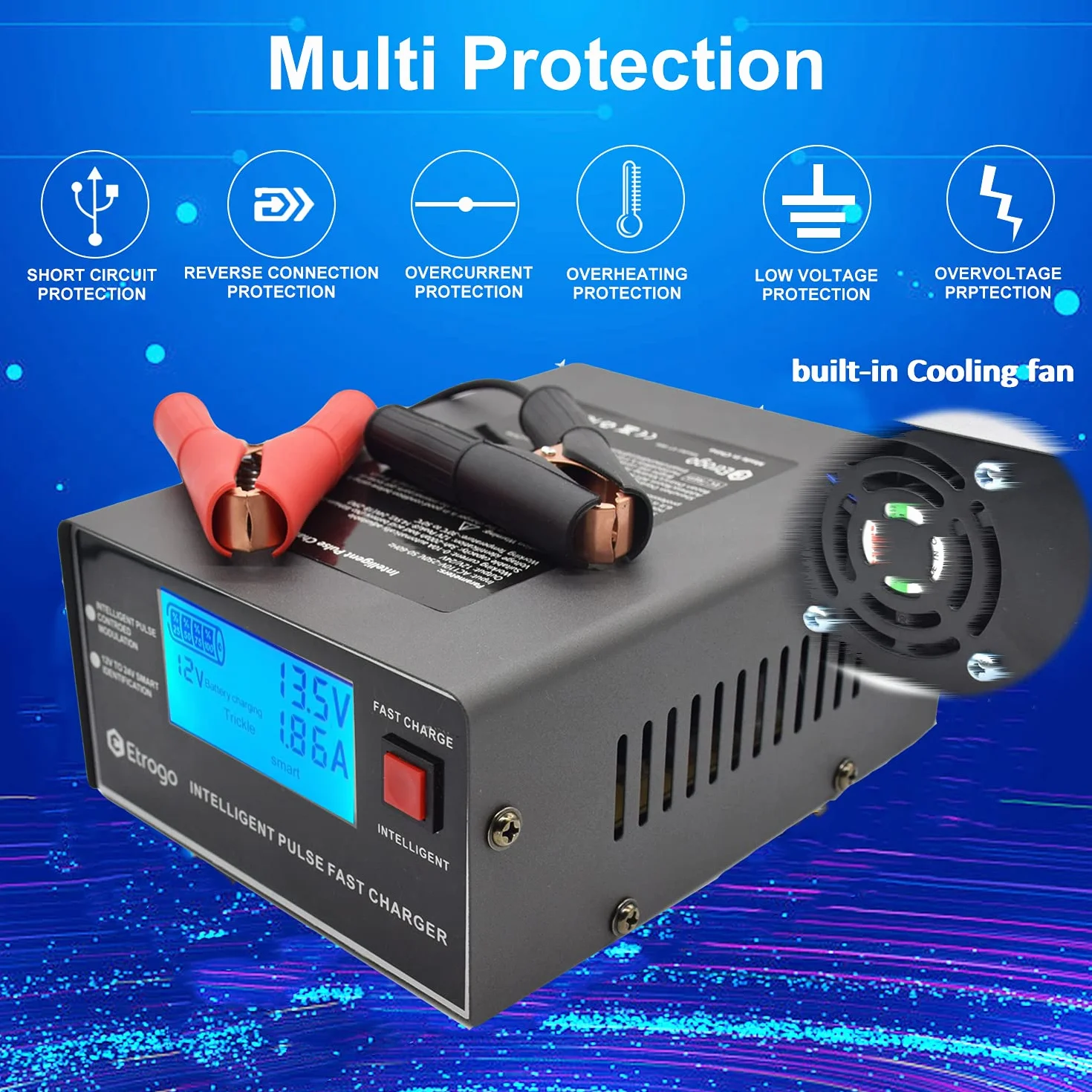 Etrogo Cargador Coche 12V 24V 10A 250W de Pulso Inteligente con Función Automática de Detección Reparación Mantenimiento con Pantalla LCD