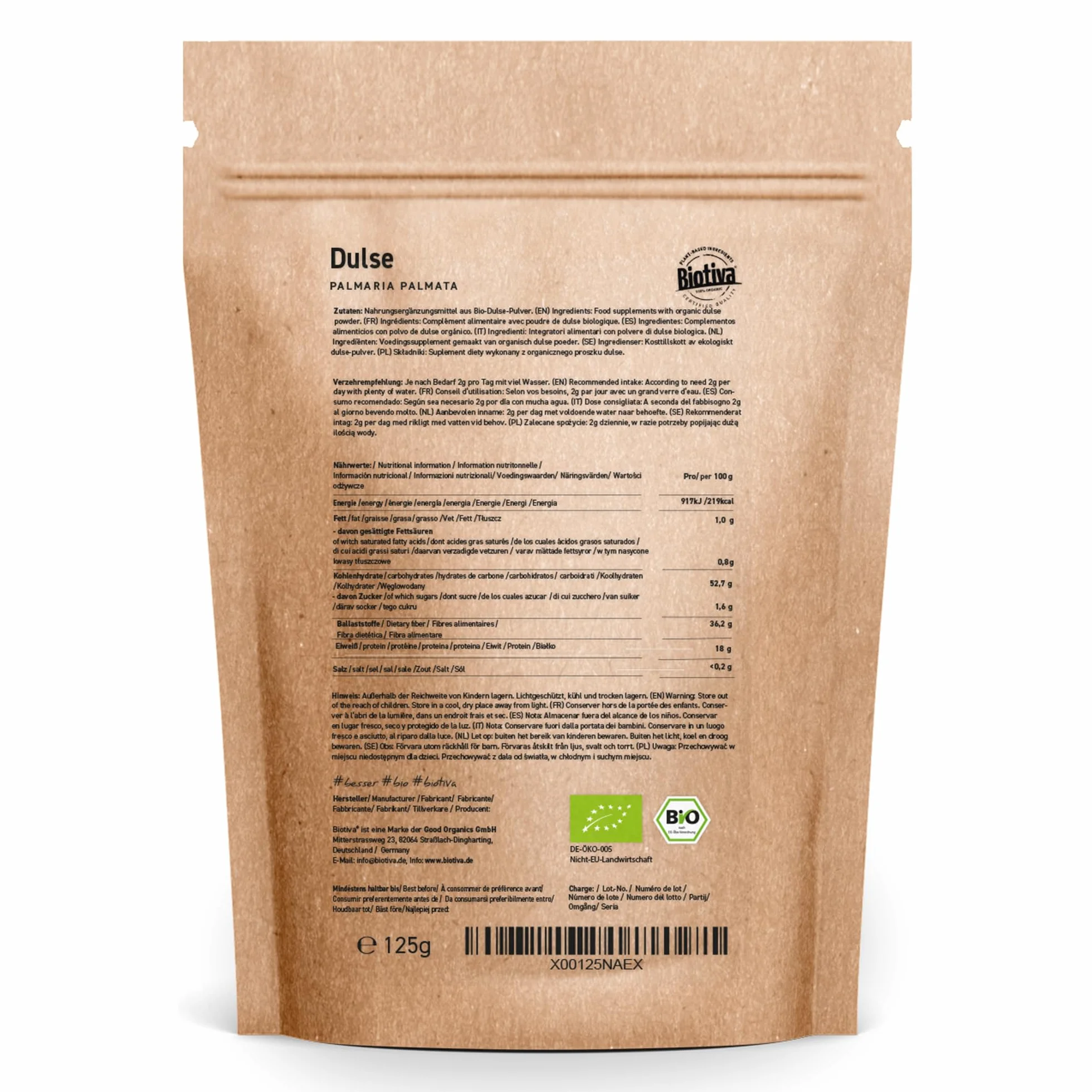 Biotiva Dulse en polvo - Alga Roja 250g (2x125g) - Superfood 100% orgánica sin aditivos