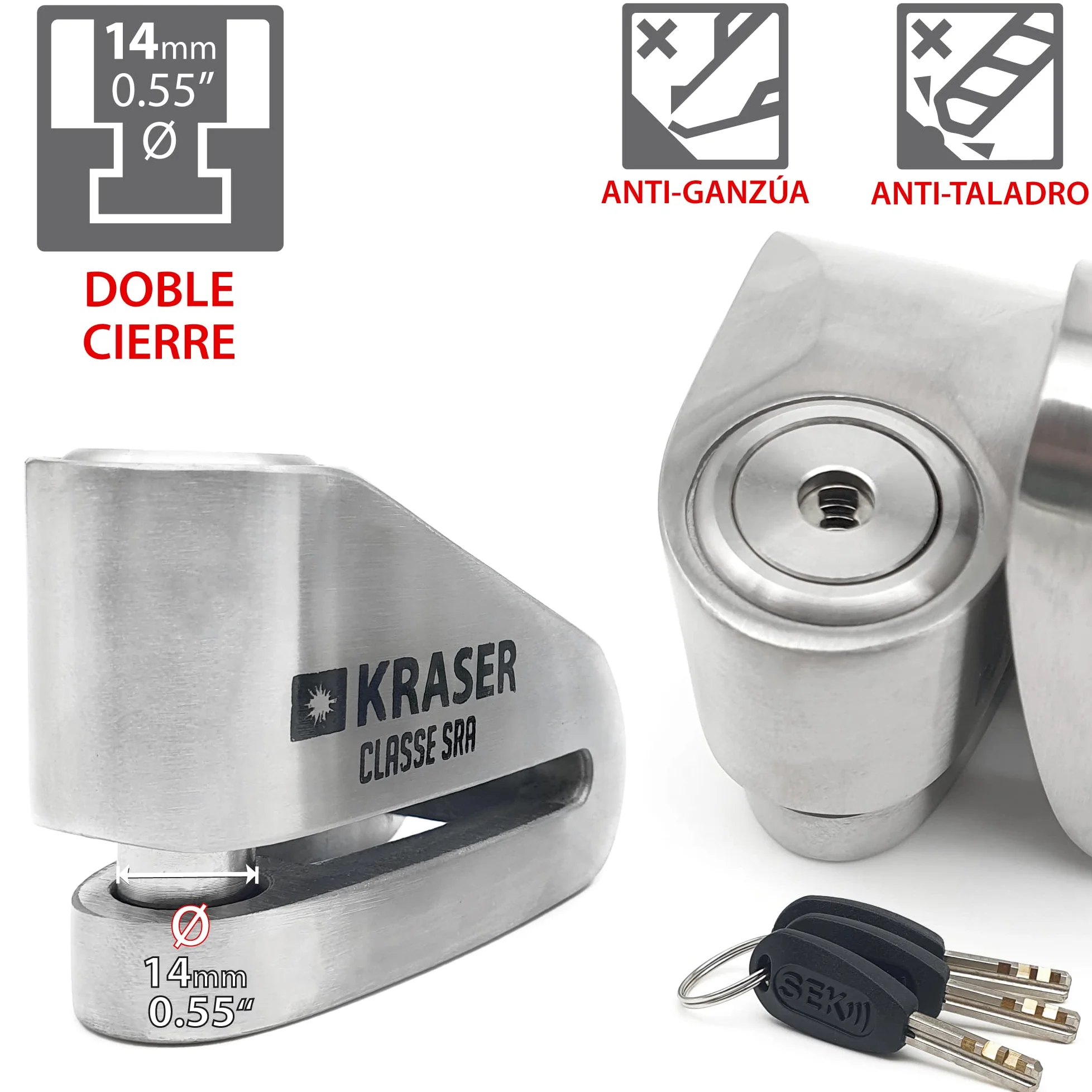 KRASER KR114S Candado Moto Disco Homologado SRA, Doble Bloqueo ø14mm +Ligero, Cerradura Acero Inoxidable Alta Seguridad, Cable Recordatorio, Antirrobo Motocicleta Pinza Scooter, Bicicleta Eléctrica