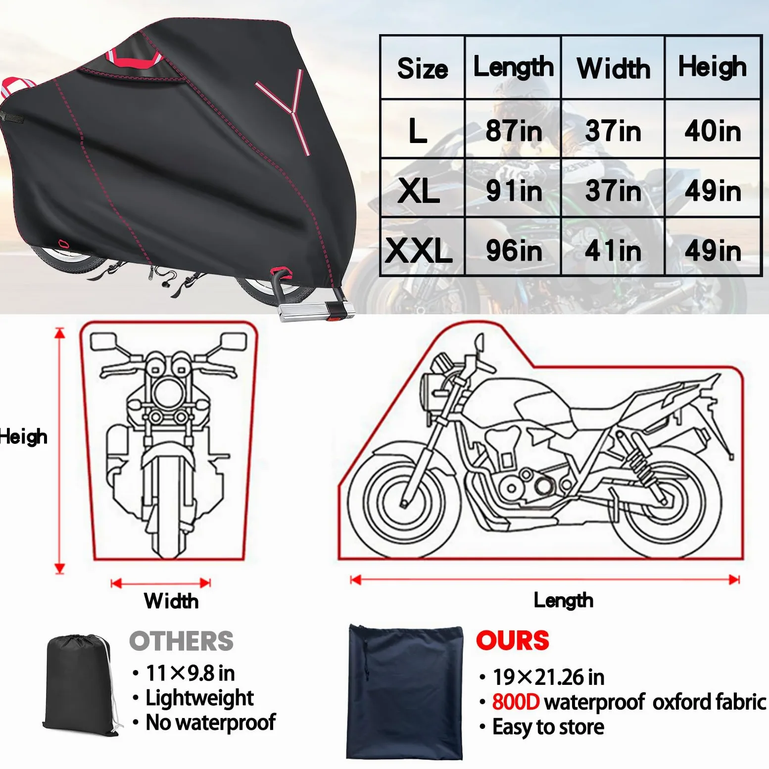 Funda resistente para motocicleta, 800D para almacenamiento al aire libre, cubierta universal impermeable para scooter con 3 asas reflectantes, 2 pares de agujeros de bloqueo y 3 hebillas fijas, 91 x