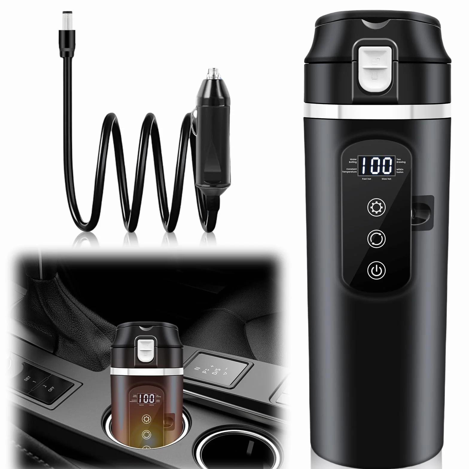 PORFOYO Hervidor de agua para coche, 12 V, minihervidor de café, 500 ml, negro, hasta 100 ℃, control de temperatura variable para camiones, viajes, camping