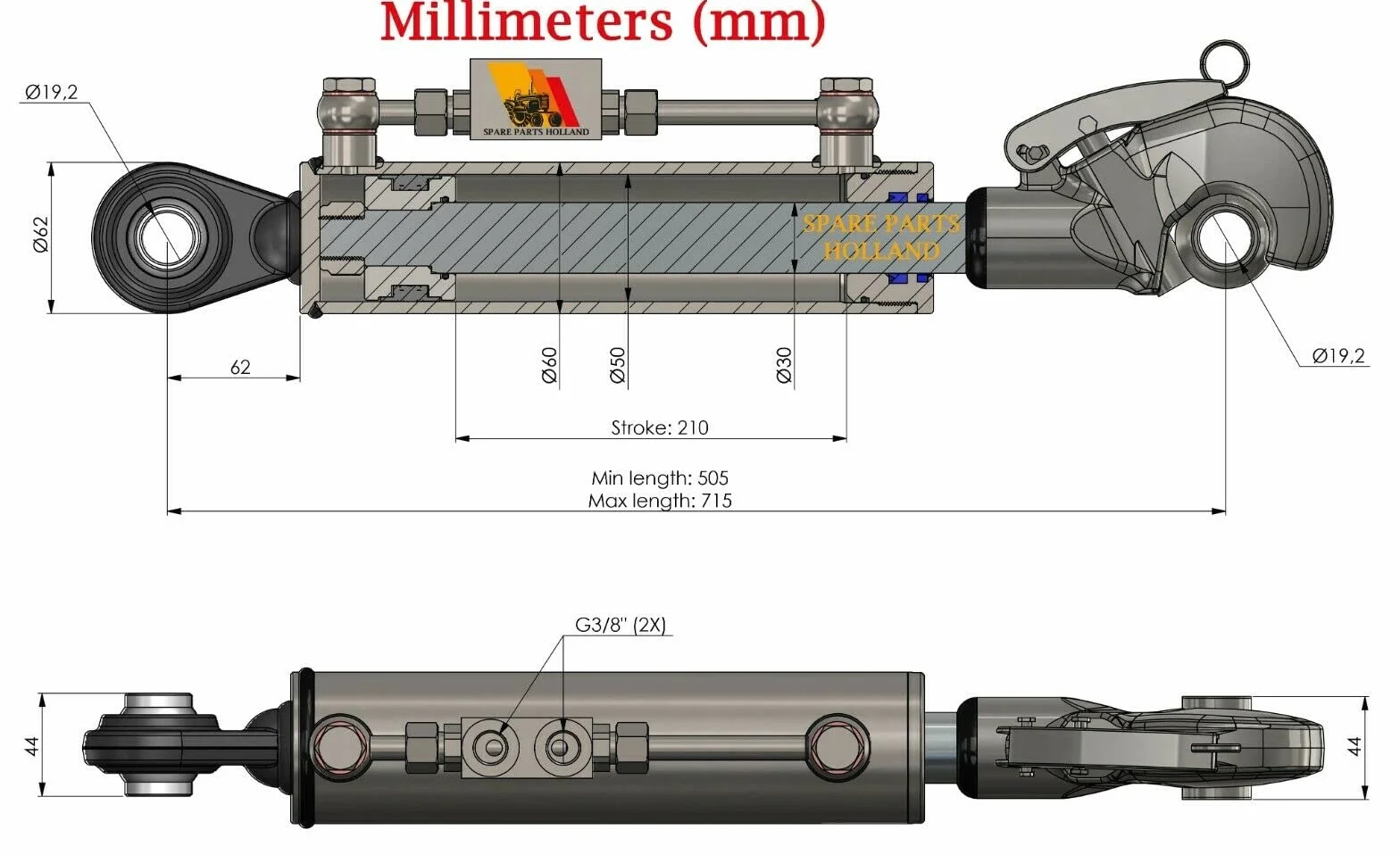 Cat 1-1 Tercer Punto Hidráulico 505-715 mm Enganche Rápido Bloque Bloqueo 2 Mangueras