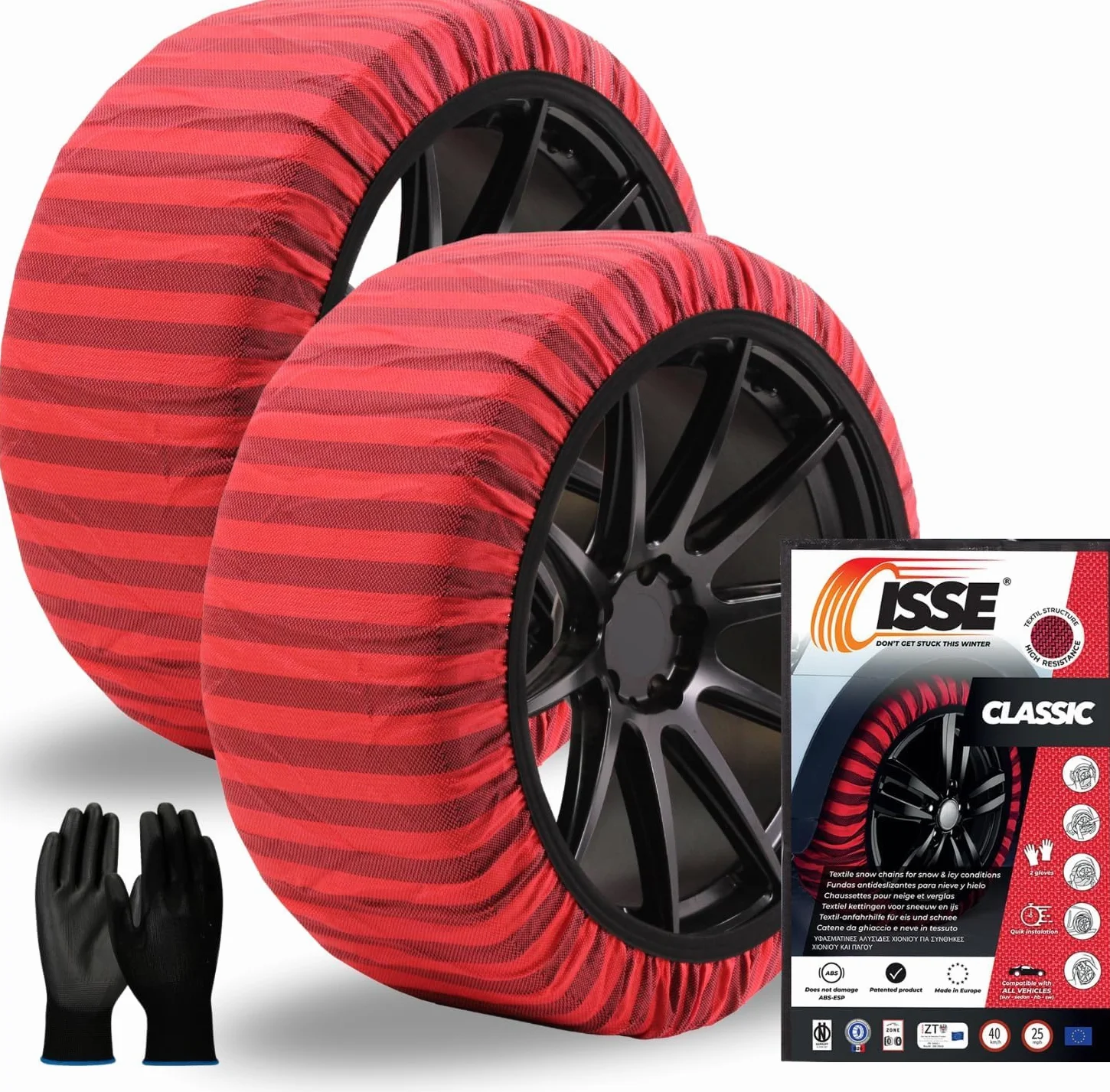 ISSE - Cadenas Coche Nieve Homologación EN 16662-1 y alta seguridad T-66 - Cadenas Nieve Téxtiles Fáciles de Instalar - Cadenas Nieve Coche Antideslizantes y Resistentes - Kit de 2 Cadenas + guantes
