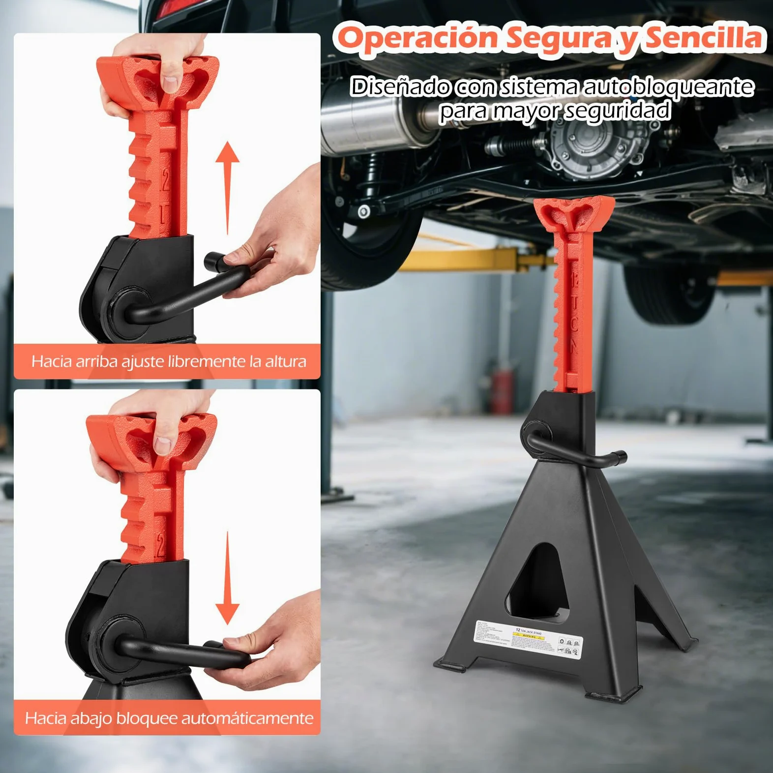 GOPLUS Juego de 2 Caballetes de Apoyo 12T con Altura Ajustable | Soportes para Automóviles con Proceso de Soldadura Fluida, 4 Patas Triangulares Amplias, Soportes para Eje, para SUV