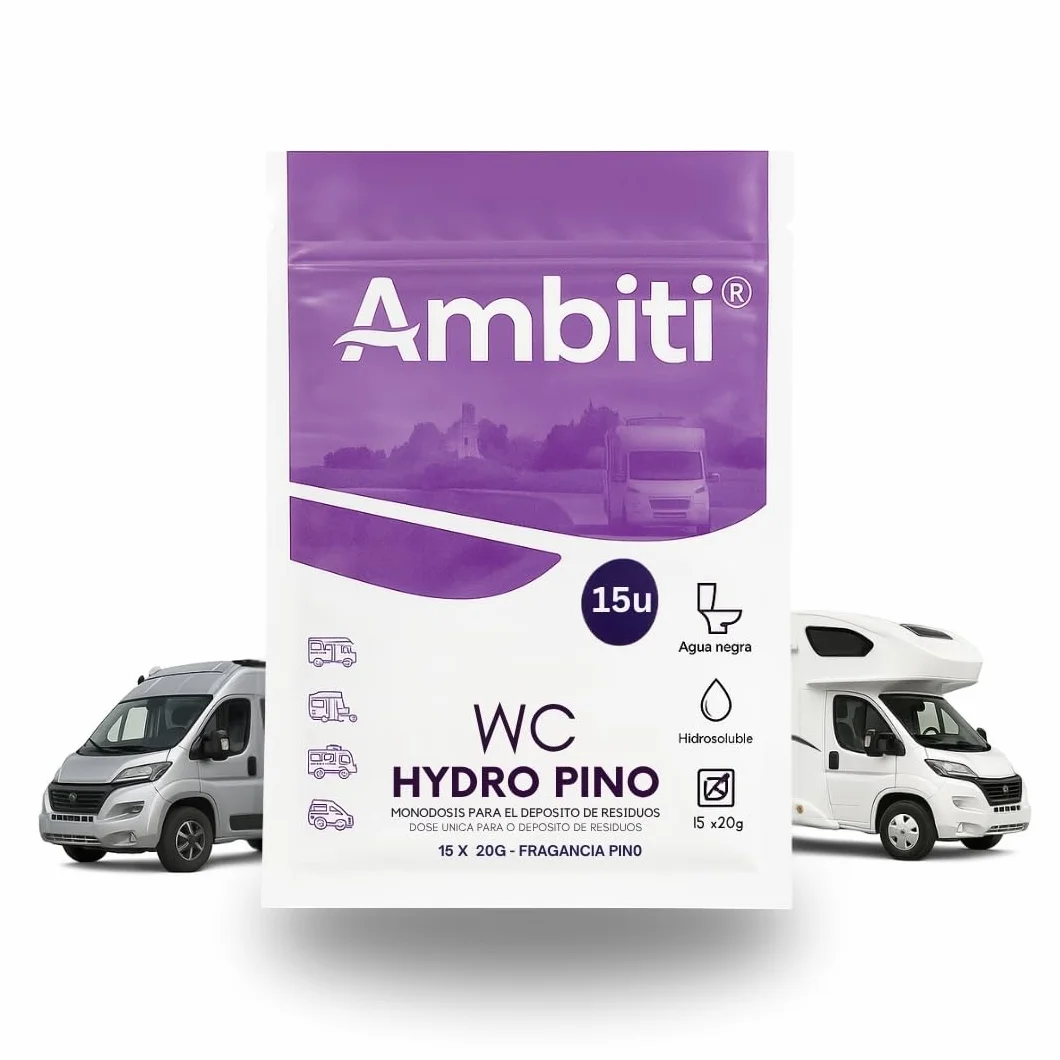 Ambiti | WC Hydro | Monodosis Hidrosolubles para Depósito de Residuos de Autocaravanas,Caravanas y Campers| Antibacteriano| Elimina Deshechos Orgánicos y Papel Higiénico| Fragancia Pino| 15ud