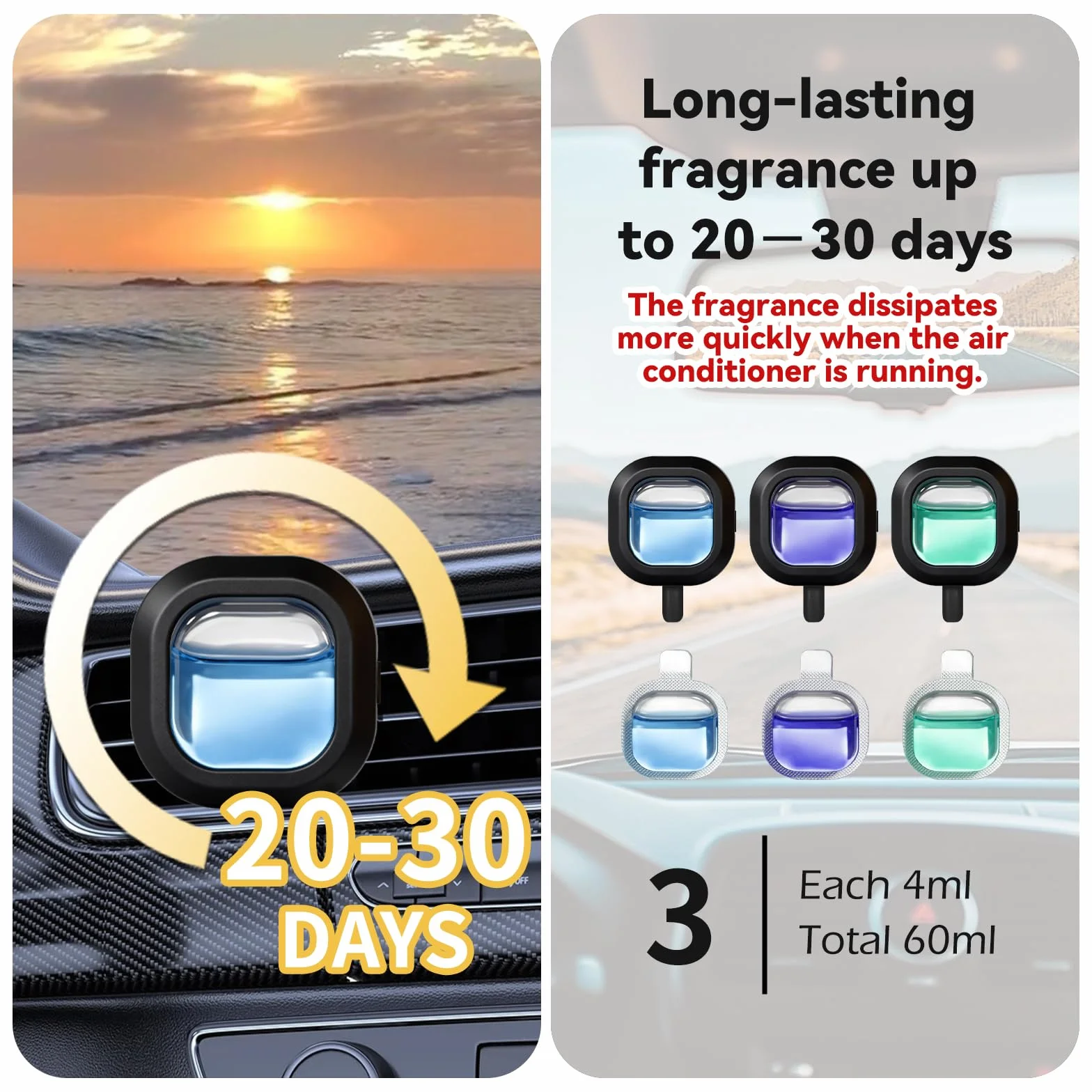SCENTORINI Ambientador Coche, Perfume para Coche con 3 Clip y 12 Recargas, Fragancia de Brisas Marinas y Coche Nuevo y Lavandas Ambientador de Coche para Eliminar Olores Perfume Durante 30 Días