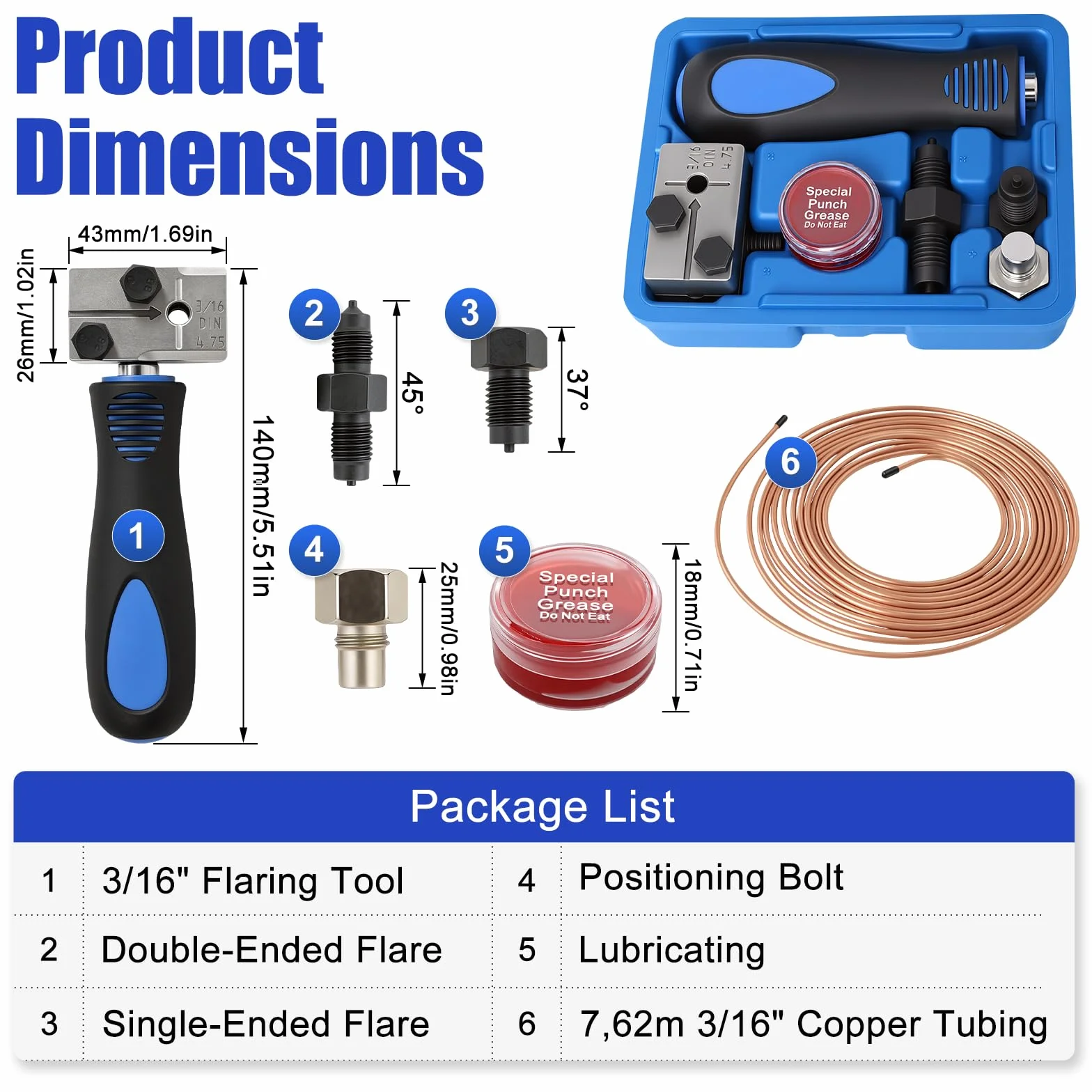 Poweka Kit de Herramienta Abocardar Tubos Freno DIN, 4,75 mm (3/16") Universal Herramienta para Bordes de Tubos de Freno, 7,62 m Cable de Freno con 16 Racores y 5 Conectores