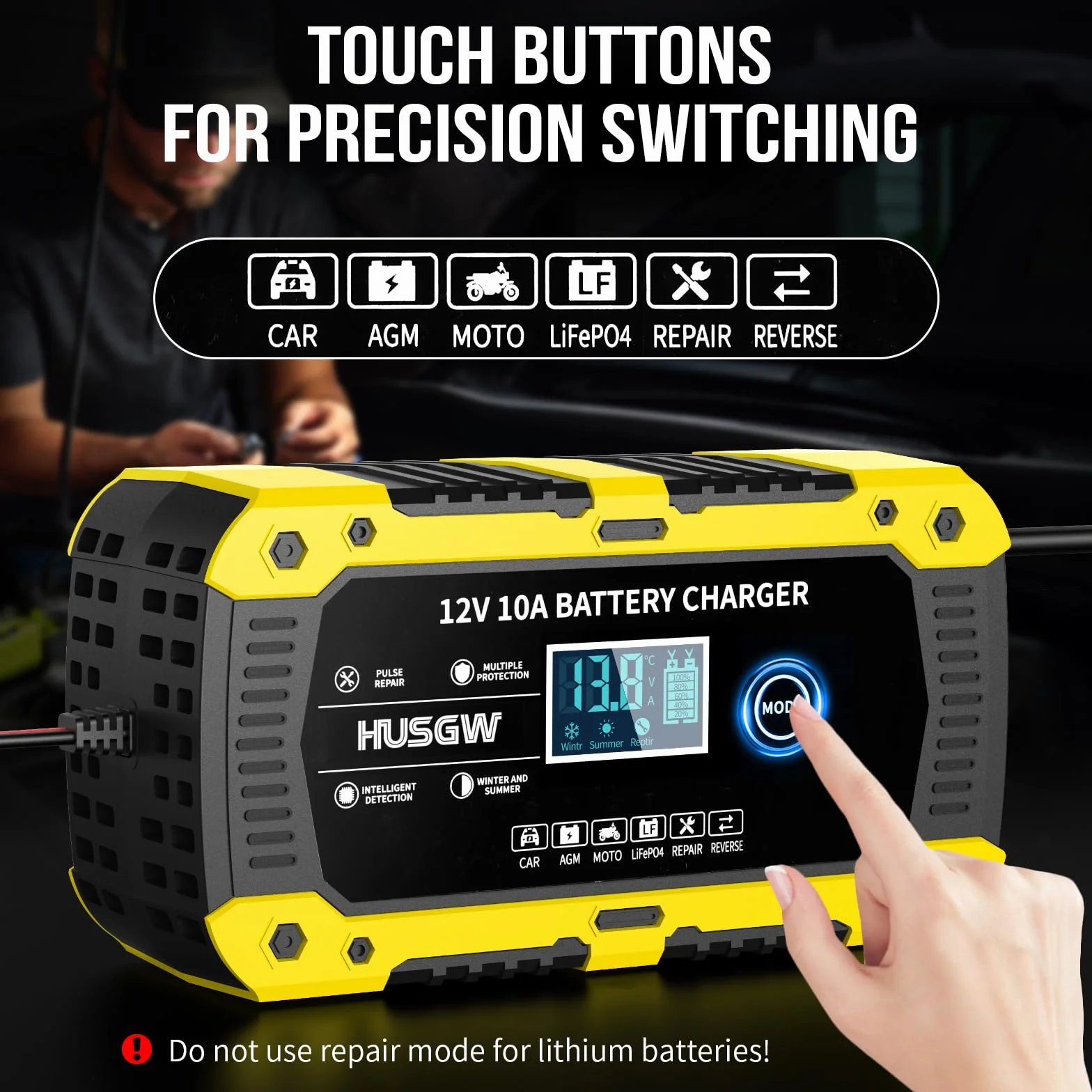 12V10A Cargador Baterias Coche, Cargador de Baterias Coche y Moto Inteligente y Funciones, Adecuado para Baterías Automotrices LiFePO4,para Coche/Moto/Clippers/AGM/Gel/Wet/SLA (10A) (10 Amarillo)