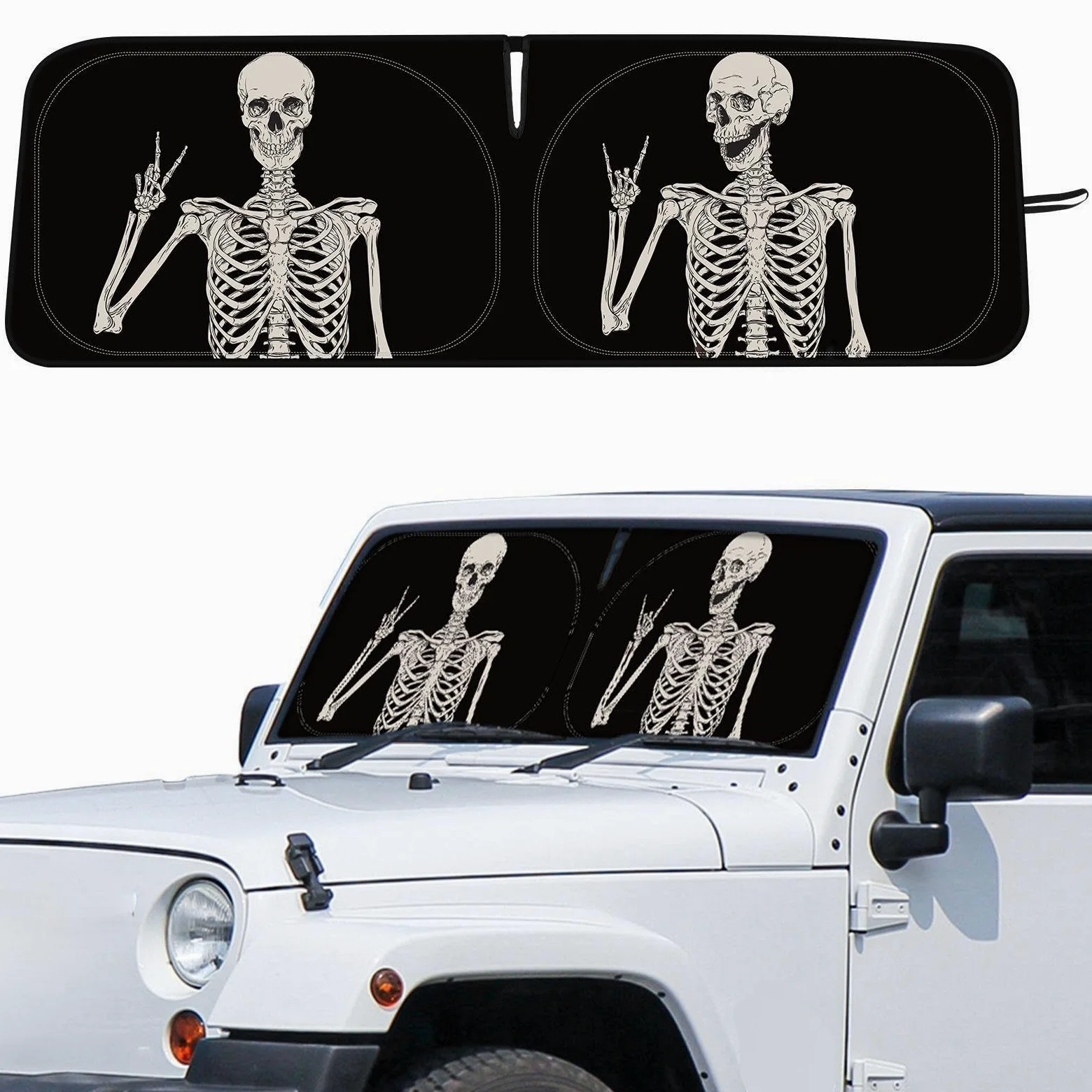 DaisyInner Parasol para parabrisas compatible con Jeep JK JKU JL JLU 1997-2023 y compatible con JT 2020-2023, visera plegable que bloquea los rayos UV (negro blanco, esqueleto)