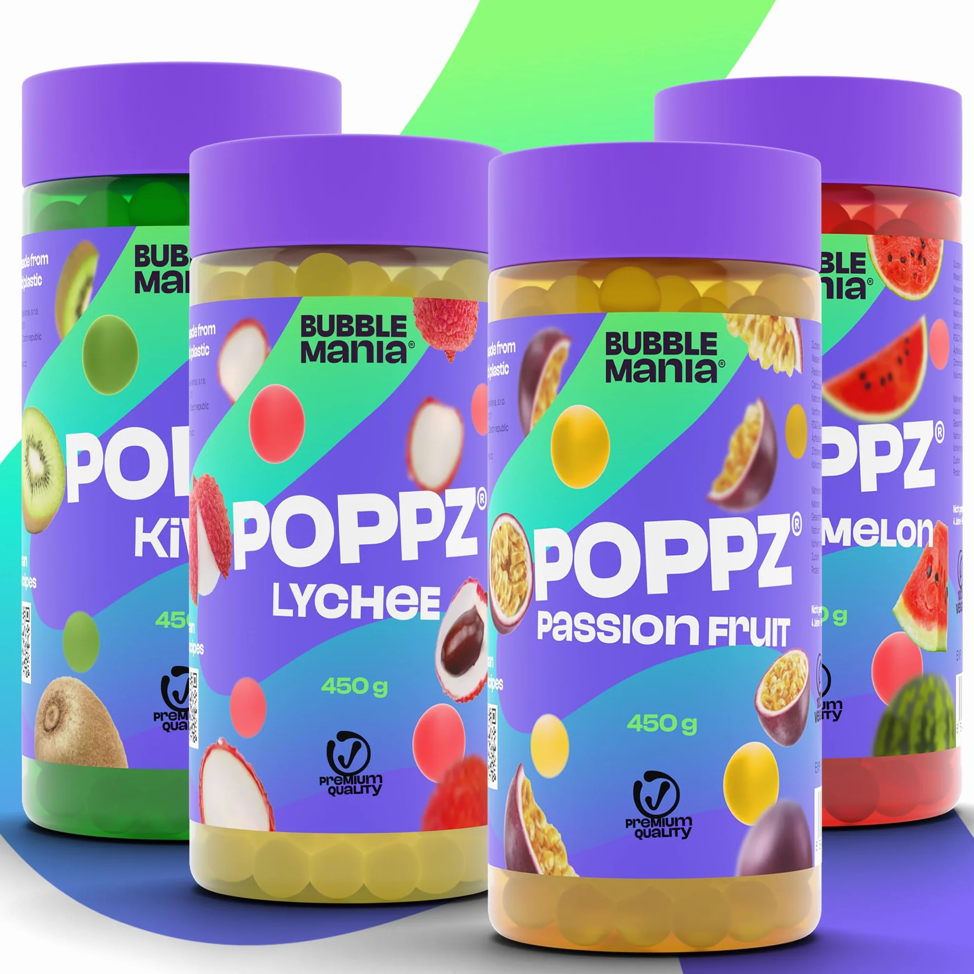 BubbleMania Set de Bubble Tea Boba Popping Perlas de Tapioca 4 Paquete Maracuyá Lichi Kiwi Sandía