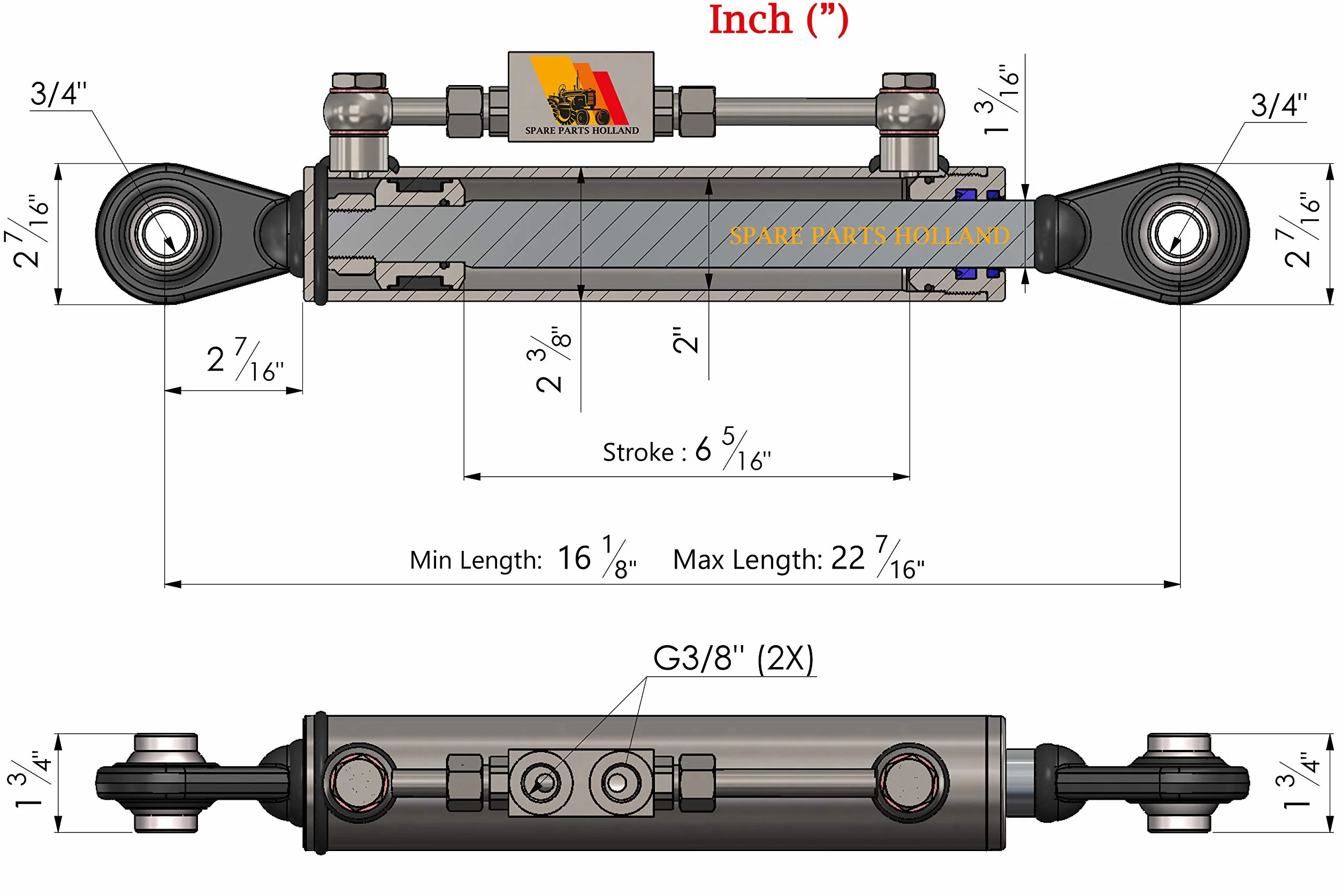 Tercer Punto Hidráulico Cat 1-1 (410-570 mm) con Bloque de Bloqueo y 2 Mangueras