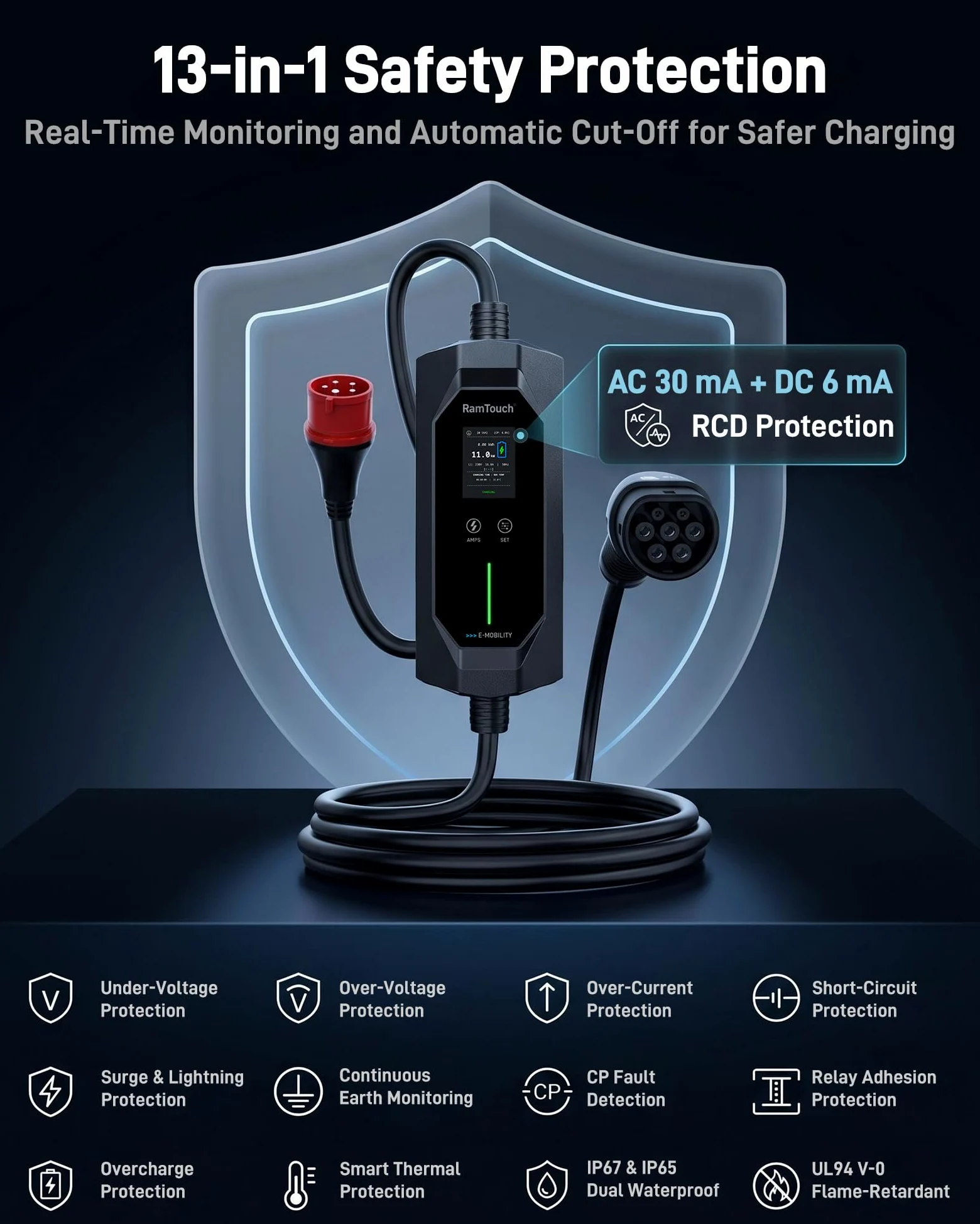 Cargador Coche Eléctrico 11 kW, 16 A, 5 m | CEE Rojo 5P a Tipo 2 | Trifásico | IP67 | 6–16 A | Timer + inicio diferido | LCD 2,4" | RCD CA/CC | Cable Modo 2 / wallbox móvil | para VE y PHEV