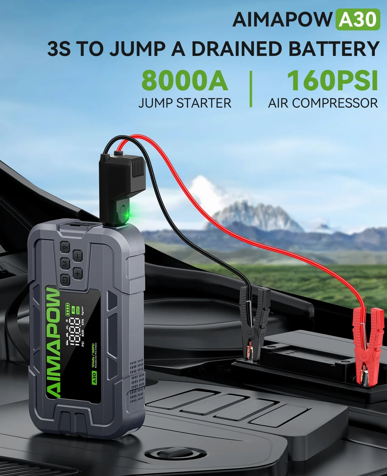 Arrancador de batería de coche con compresor de aire, 8000 A, 160 PSI | Todos los gases/12L Diesel, 12V portátil, carga rápida, luz LED de 270°