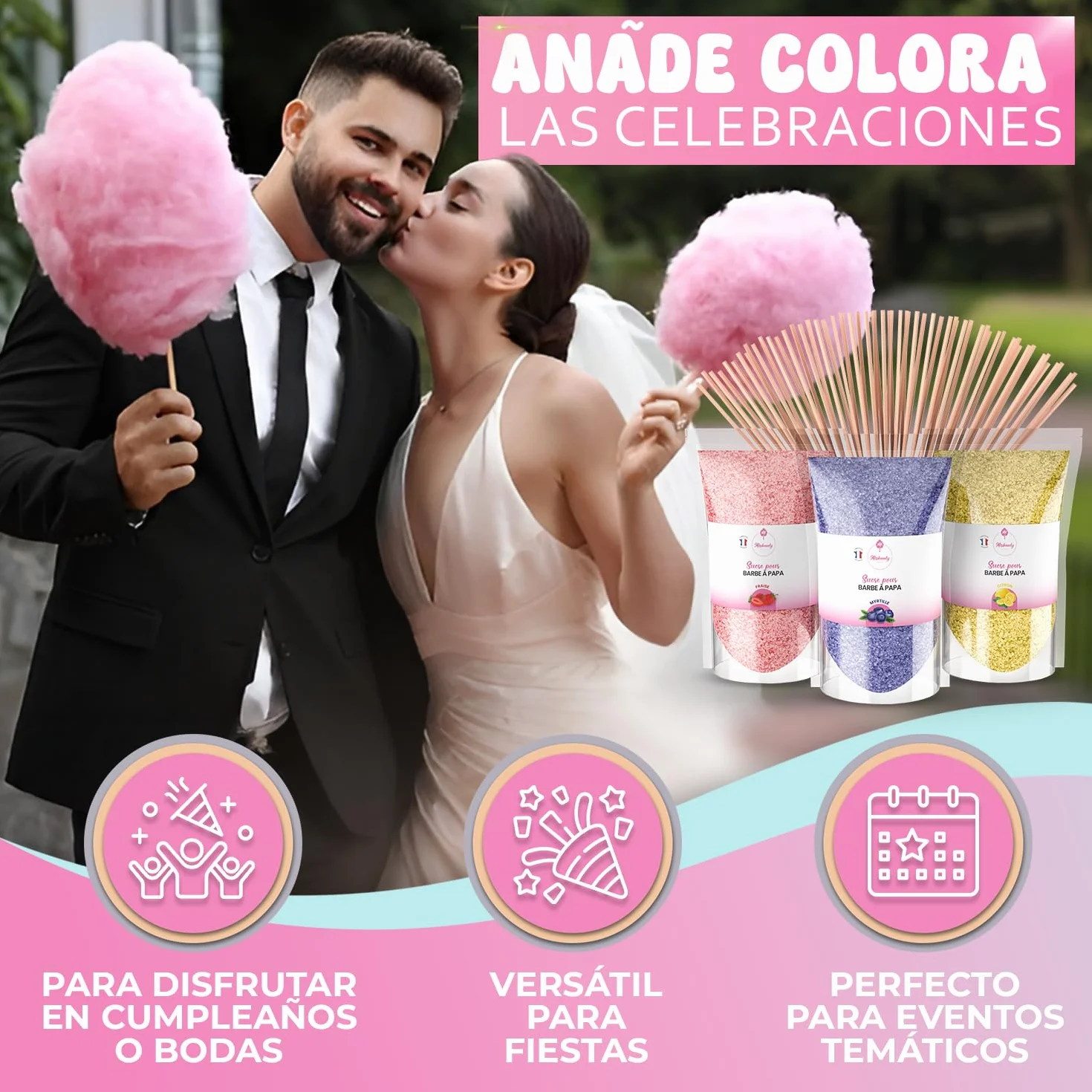 Misskandy Algodón de Azúcar para Máquina Pack 3x160g Sabores Naturales Fresa Arándano Limón