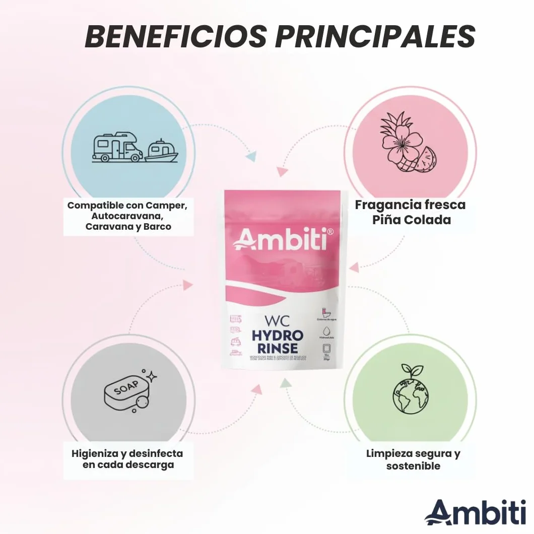 Ambiti | WC Rinse | Monodosis Hidrosolubles para Cisterna de Inodoros Portátiles y Cassettes |Desinfecta y Perfuma en Cada Descarga |Camper,Autocaravana,Caravana y Barco |Piña Colada |15 Ud