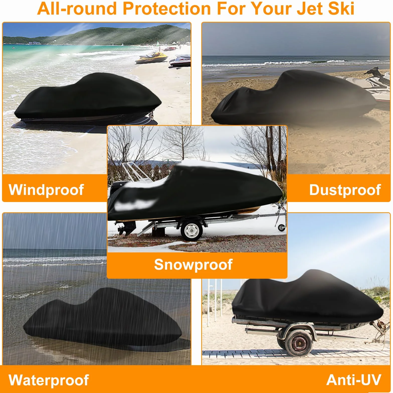 Funda de Jet Ski 420D Impermeable, Funda de Jet Ski 3 Asiento, con 2 Orificios de ventilación, Resistente a los Rayos UV, Compatible con Waverunner Polaris, 291-318cm