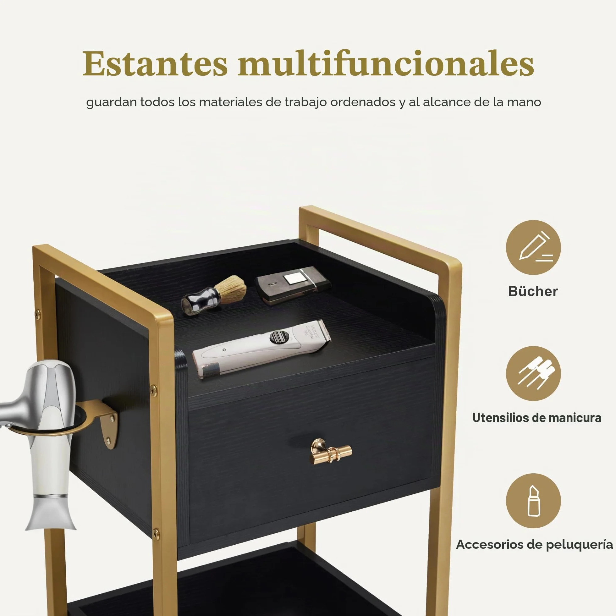 MCombo Carro de Peluquería con Ruedas y 3 Cajones Negro y Dorado 30x40x95cm