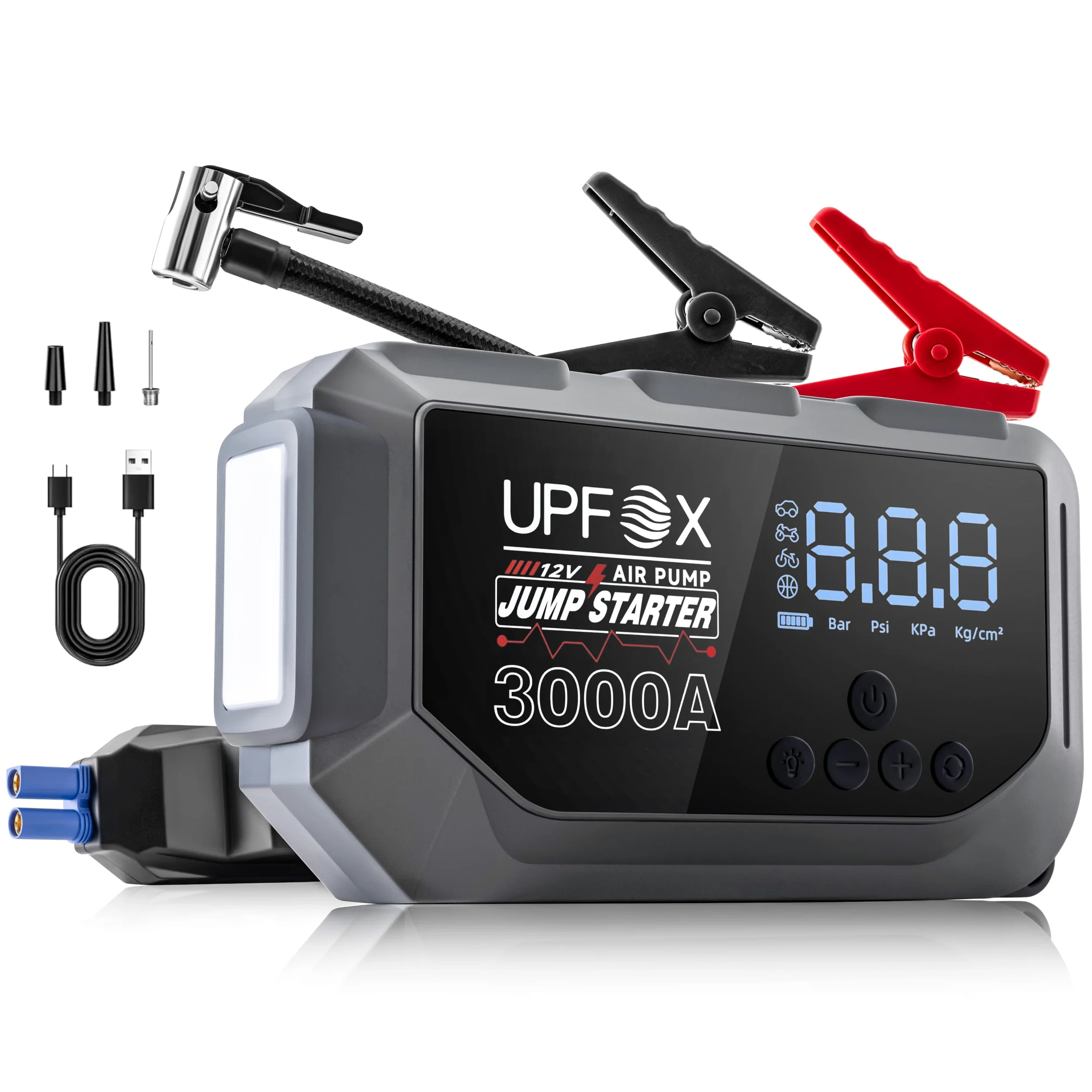 Arrancador de batería de coche de 3000 A con compresor de aire, 12 V y 150 PSI, arrancador portátil para coche (8,0 gas/6,0 L diésel) con indicador LED, 3 luces y cable de arranque