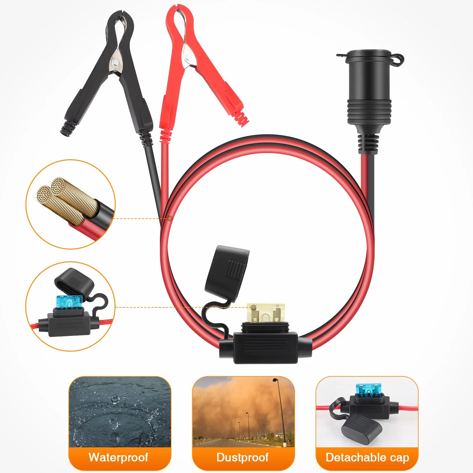 Thlevel Cable de Extensión de Coche Alargador Mechero Coches 12V 24V Pinza de Cocodrilo Eléctrica 3 Metros 16AWG con Fusible de Protección para la Batería Portátil Compresores Inversor