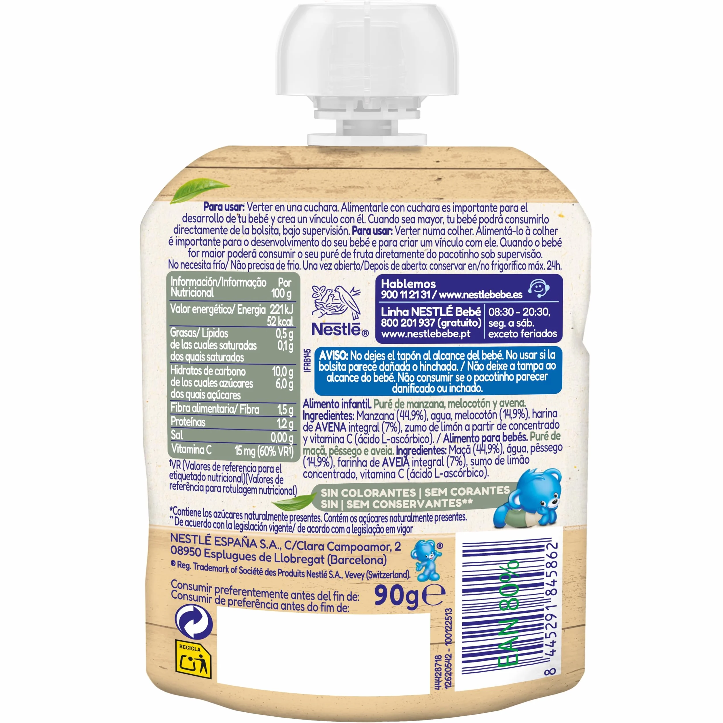 NESTLÉ Puré Manzana Melocotón y Avena para bebés 6 meses 16x90g