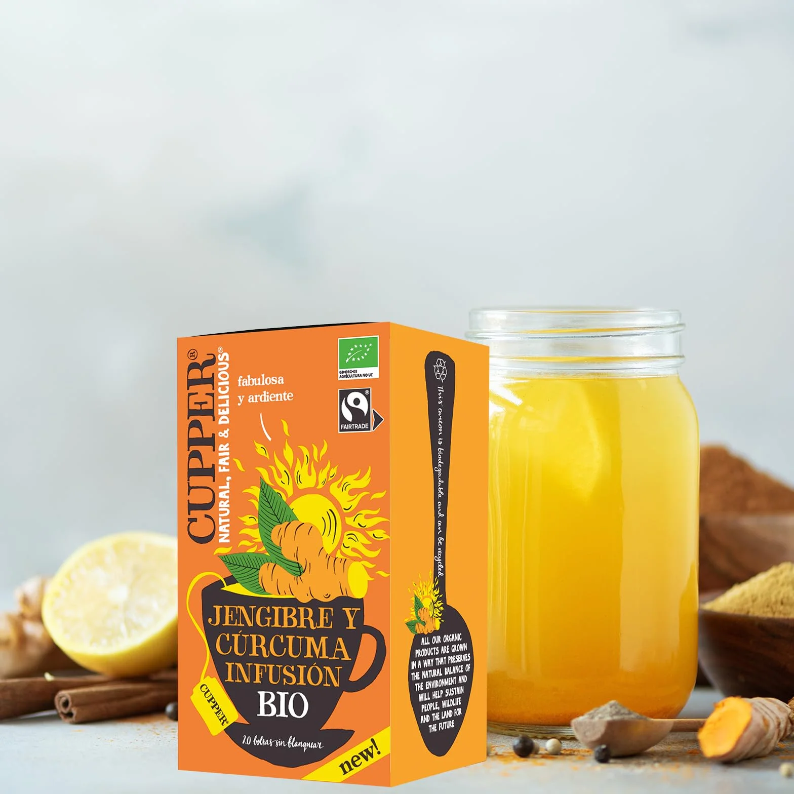 Cupper Infusión de Jengibre y Cúrcuma BIO Pack 4 Cajas 20 Bolsitas Ecológicas Antioxidante Vegano