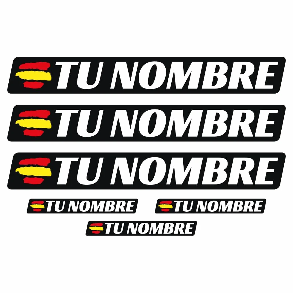 6 x Pegatina Personalizada Bandera España Nombre Vinilo. Adhesivo Impermeable para Bici Moto Casco Botella. Sticker Resistente Personalizable para Superficies Lisas Interiores y Exteriores