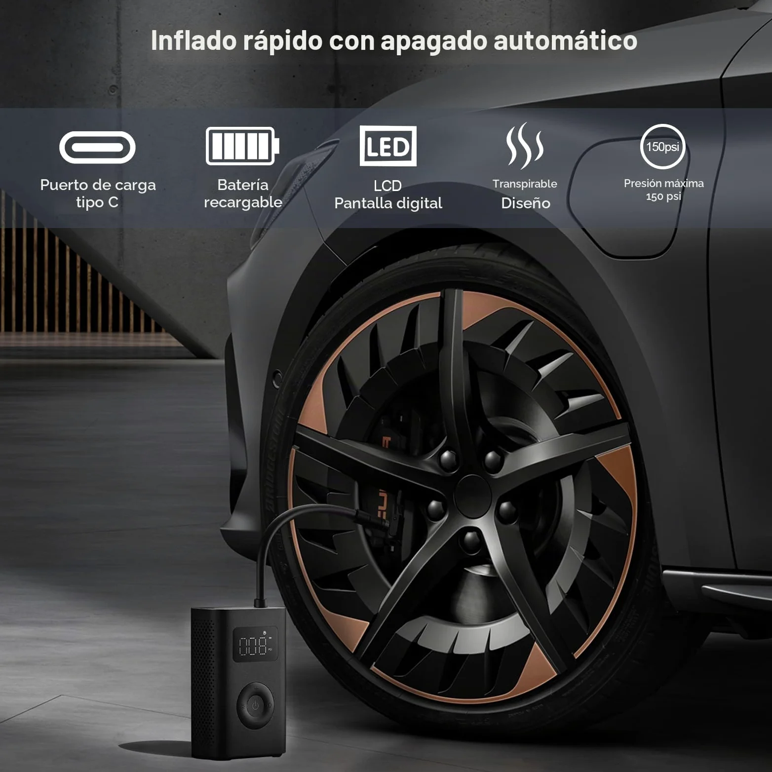 XIAOMI Compresor Aire Portatil 2, Inflador Electrico de 6 Modos, 150 PSI, Batería de 2000 mAh, Pantalla LED, Apto para Coches, Bicicletas, Motocicletas, Scooters y Balones