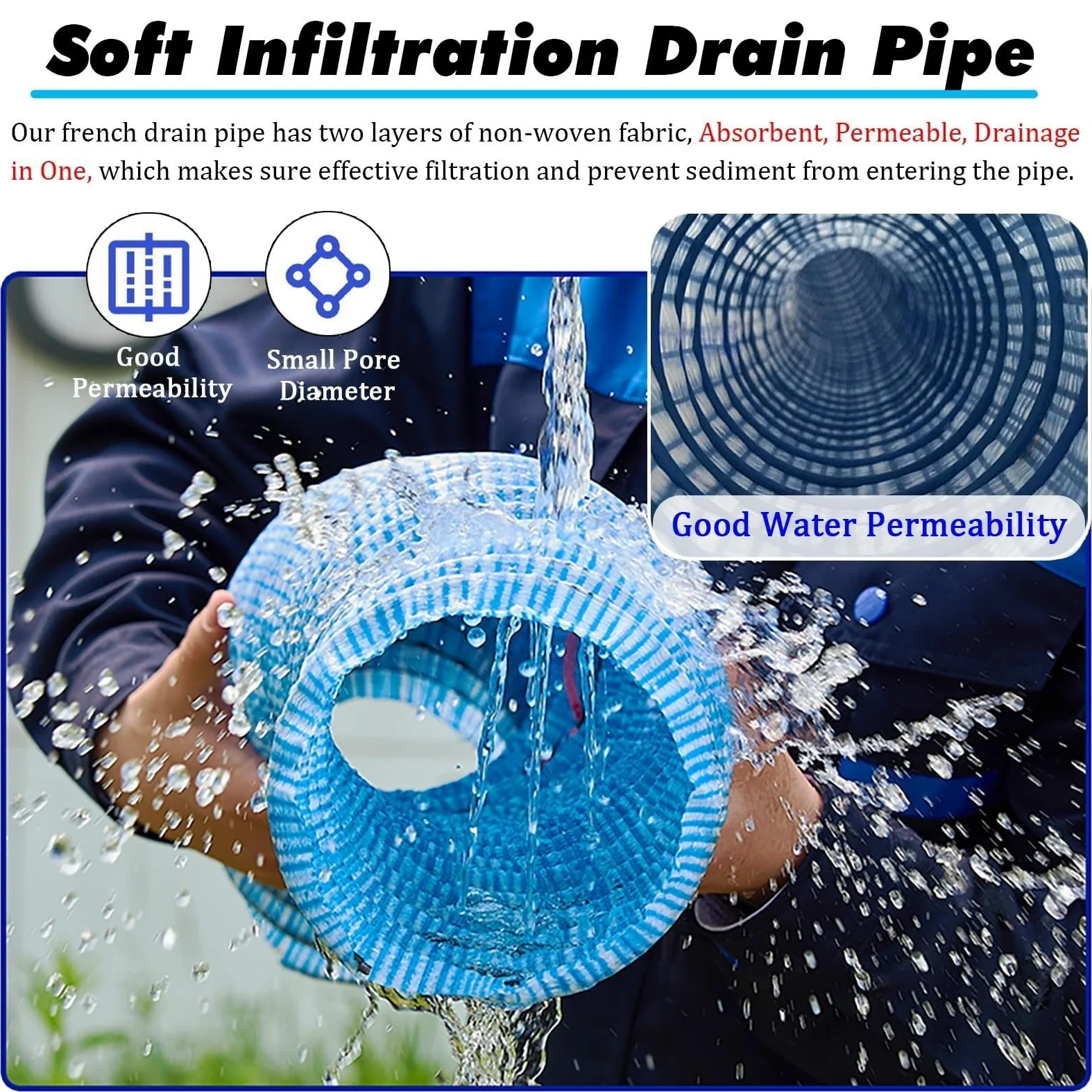 Tubo de drenaje permeable perforado, funda filtro no tejida, alambre acero espiral, flexible enterrado para patio, sótano, carretera, césped(Dia-15cm(5.9in),L110ft/33.5m)
