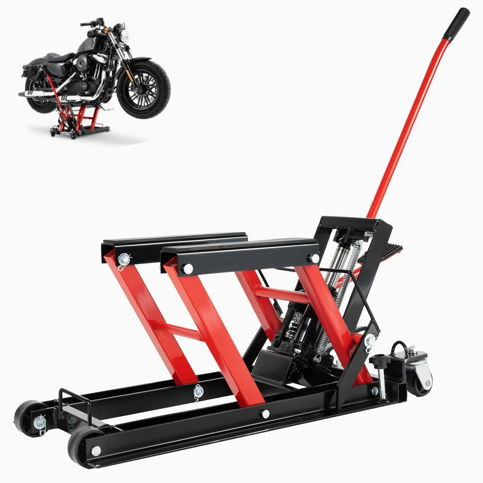 Plataforma elevadora para motocicleta, 680 kg, hidráulica con ruedas, fácil de usar, soporte de montaje, plataforma elevadora plegable (rojo)