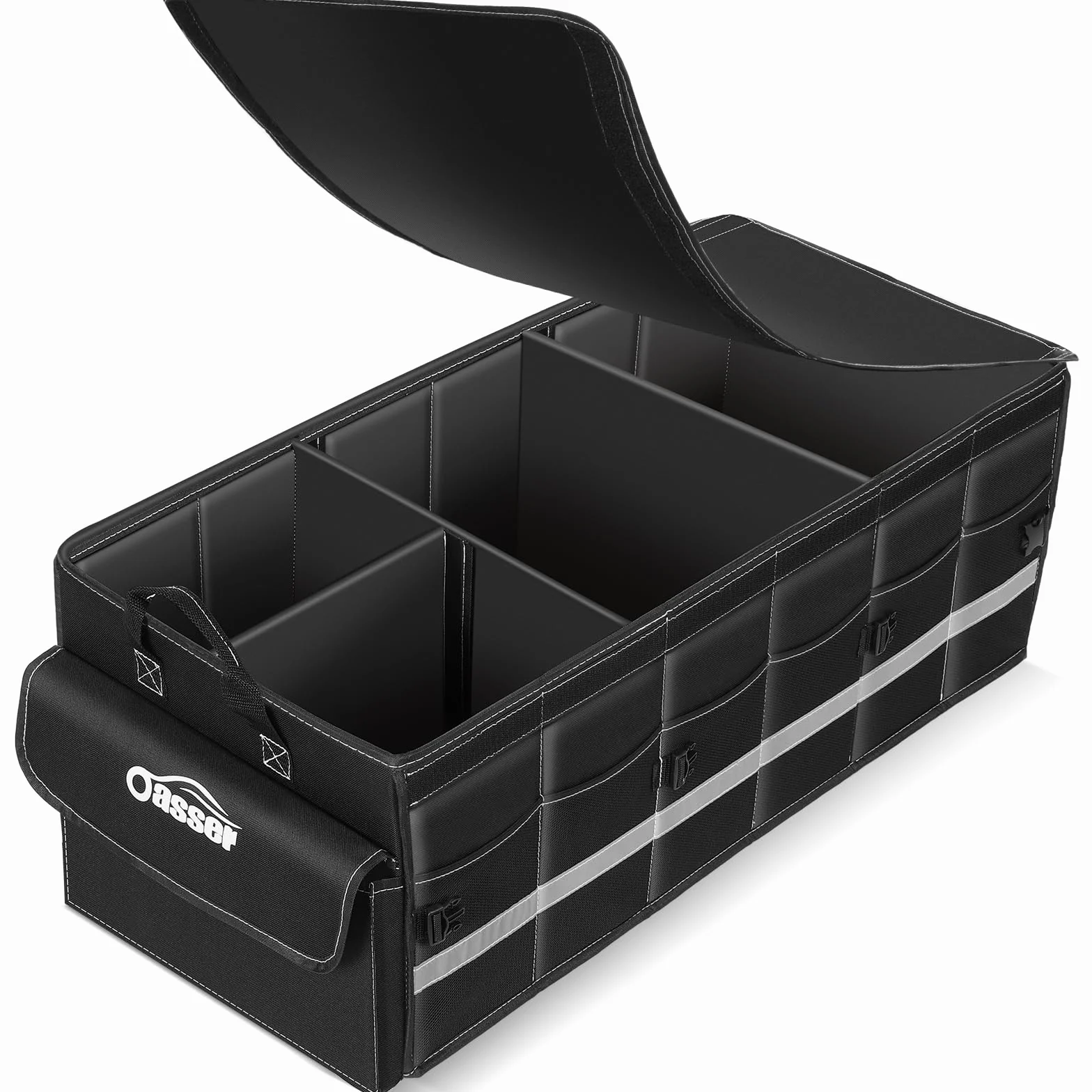 Oasser Organizador Maletero Coche 75L Grande 3 Compartimentos Tapa Desmontable Plegable Antideslizante 1 Bolsillo Grande 6 Bolsas Laterales Malla