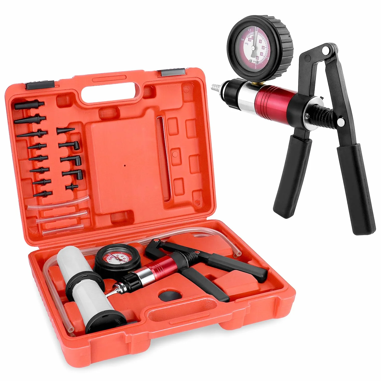 QWORK® Kit de Purga de Frenos de Vacío con Bomba de Vacío, Manómetro y Adaptadores Universales - para Automóviles, Camiones y Motocicletas