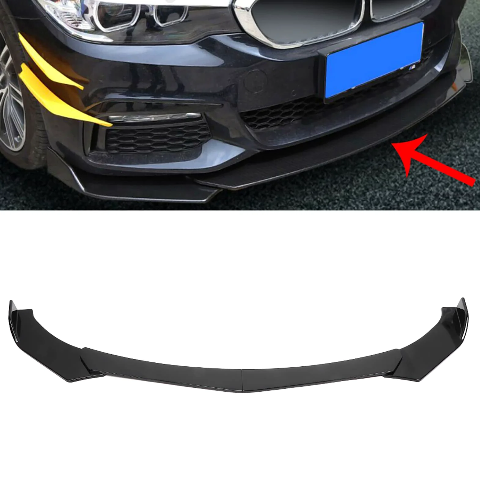 Labio Delantero Universal para Coche, Splitter de Parachoques Negro Brillante de 3 Piezas en ABS, para Deportivos y Uso Diario, Mejora la Estética y Aerodinámica