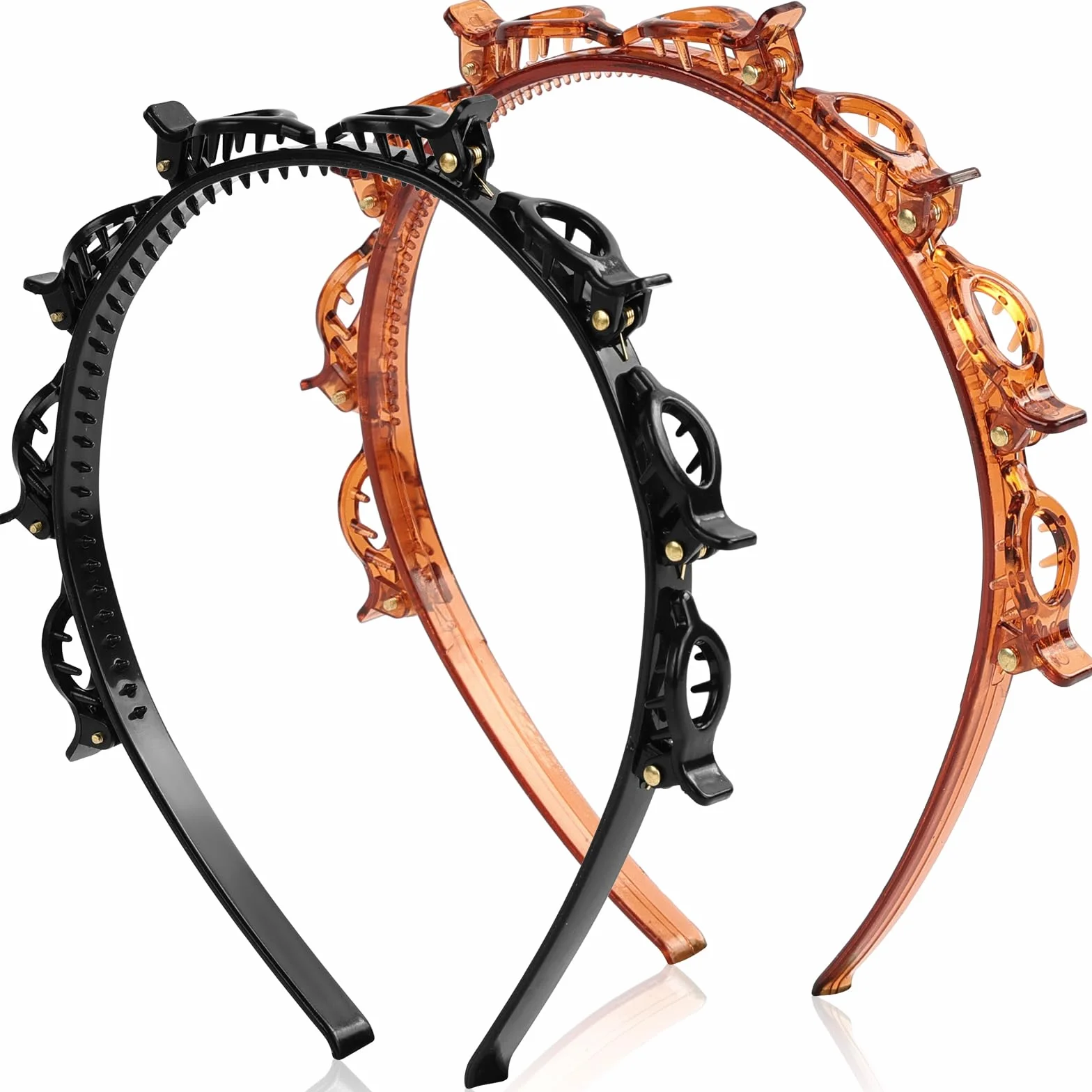 Diadema con Pinzas 2 Piezas para Mujer, Clips de Plástico, Banda para el Cabello con Horquillas, Doble Trenza, Doble Flequillo (Negro+Rojo)