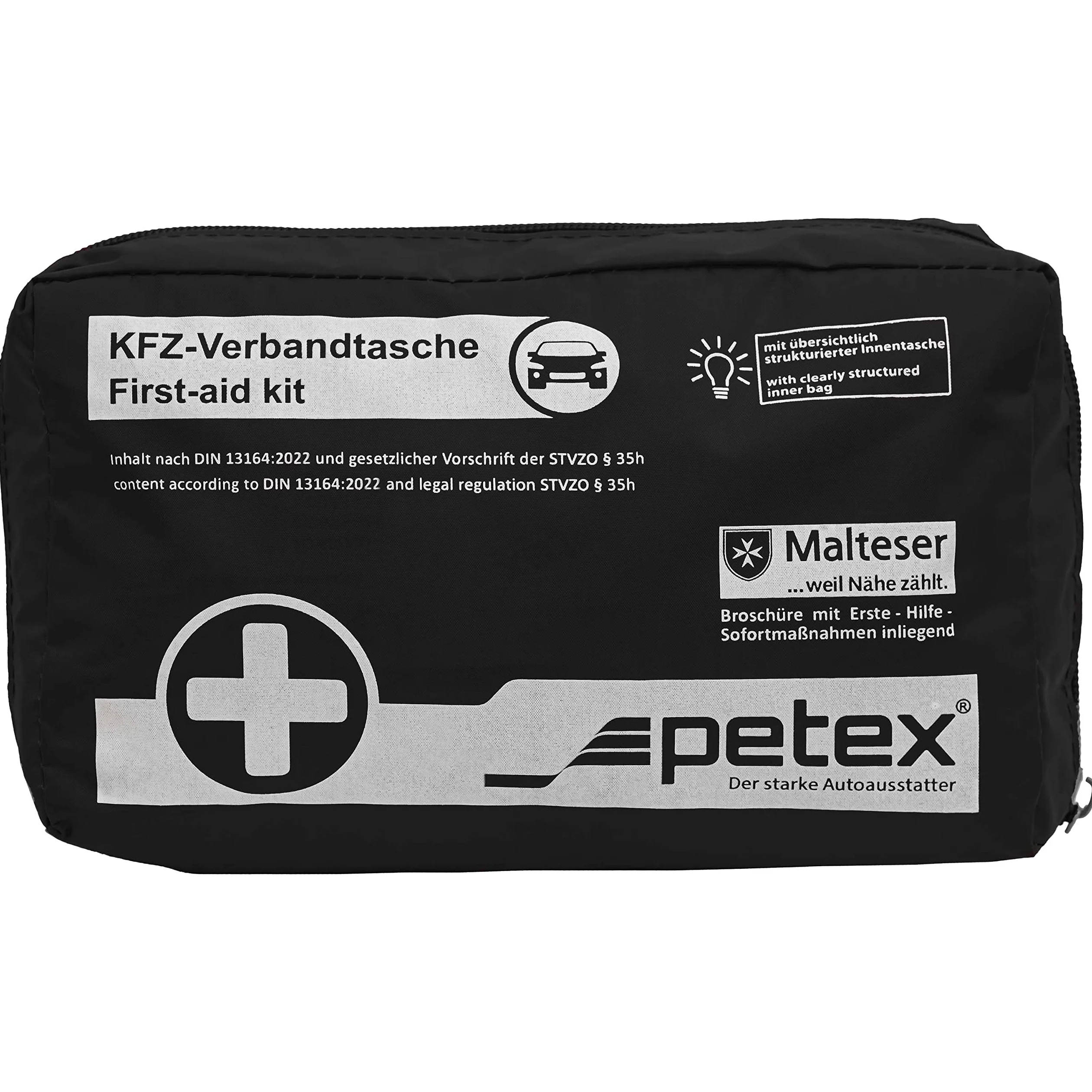 Petex 43930004 Kit de Primeros Auxilios Contenido según DIN 13164, Negro