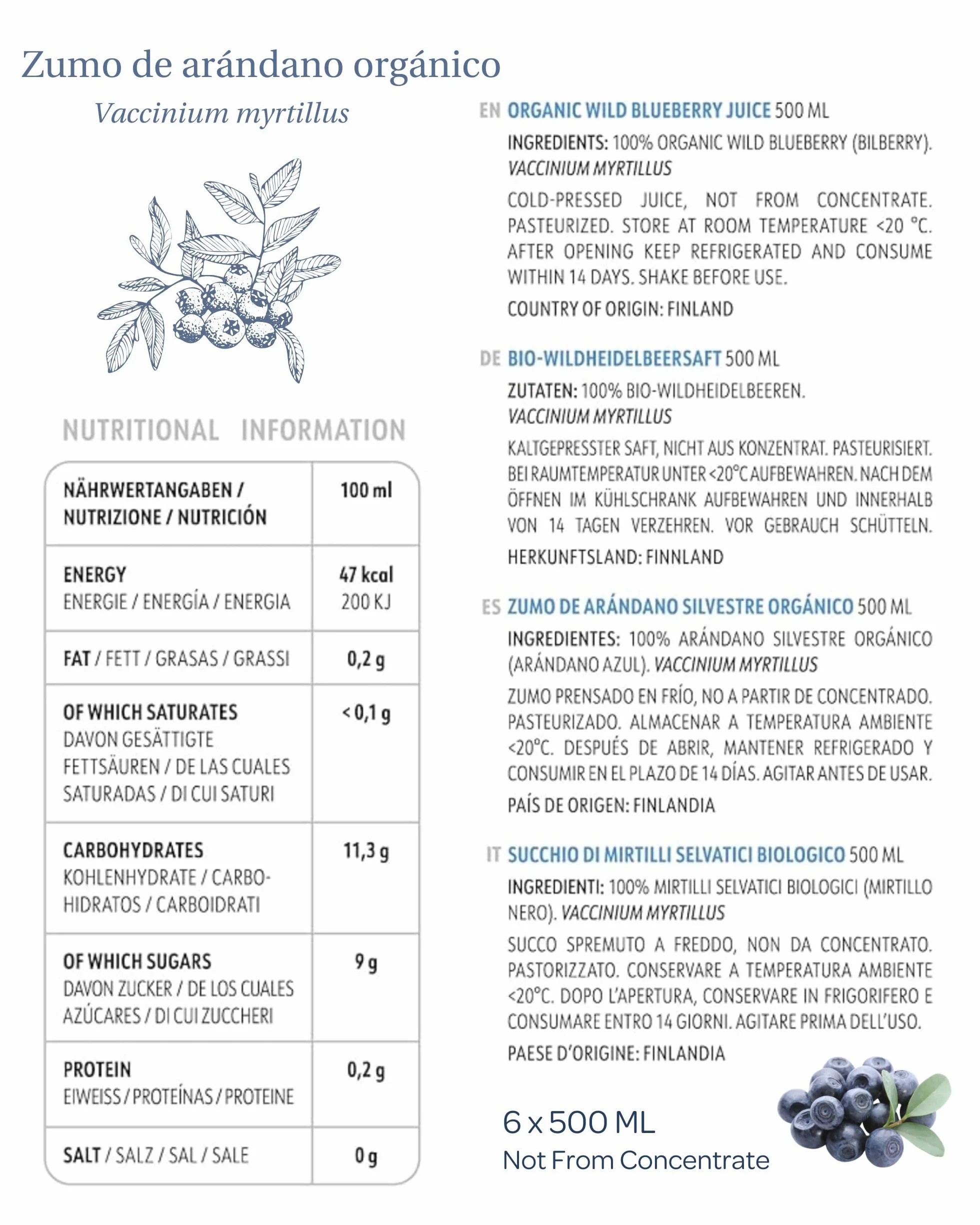 LOOV Zumo de arándanos silvestres ecológicos 100% puro prensado en frío 6 x 500 ml
