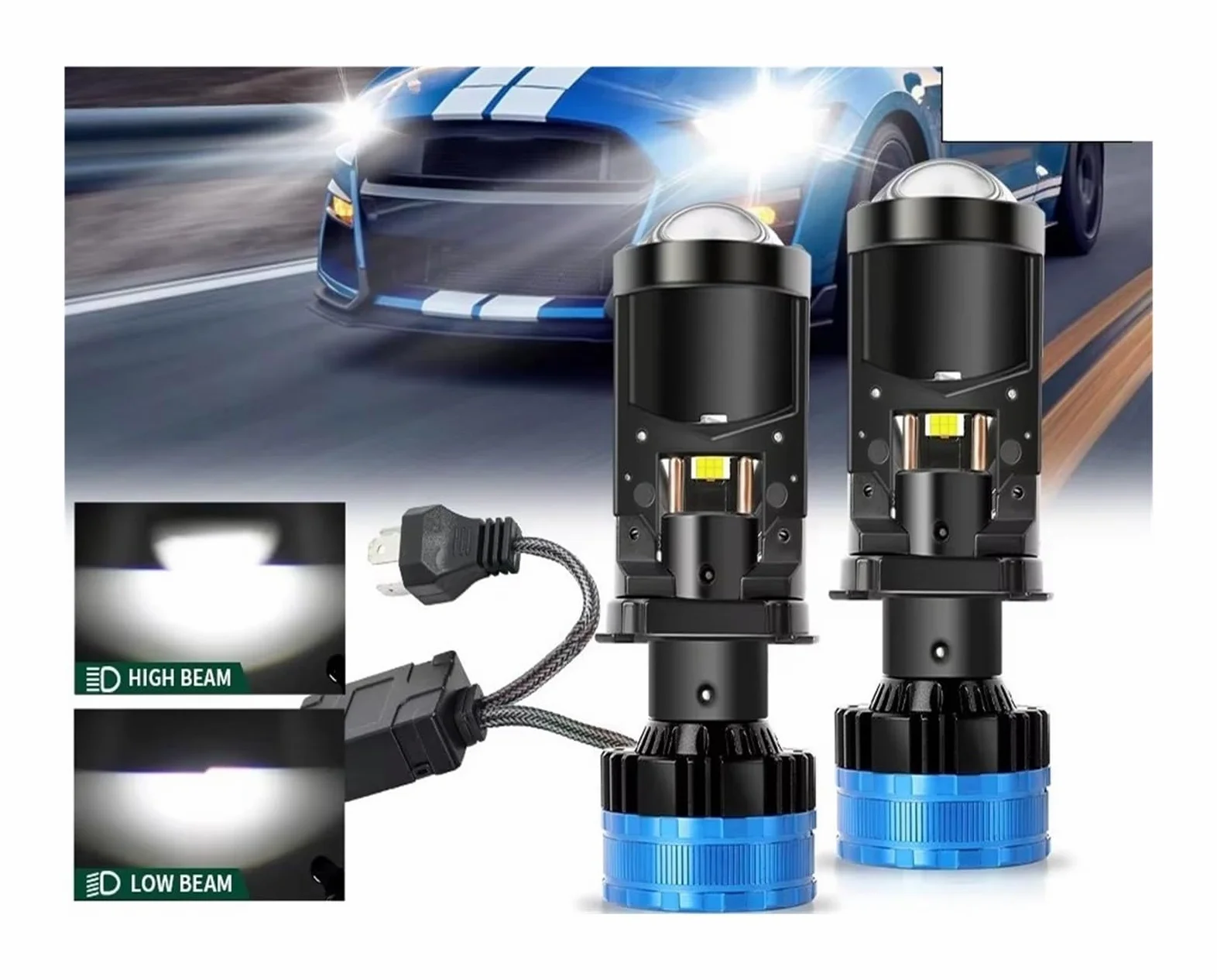 Faros Delanteros Bombilla Faro Delantero Coche H4, Lentes Proyector Led, Haz Alto/bajo, 100000LM, Canbus Turbo, Bombillas LED, 12V, 24V, 6500K Conjunto Faros