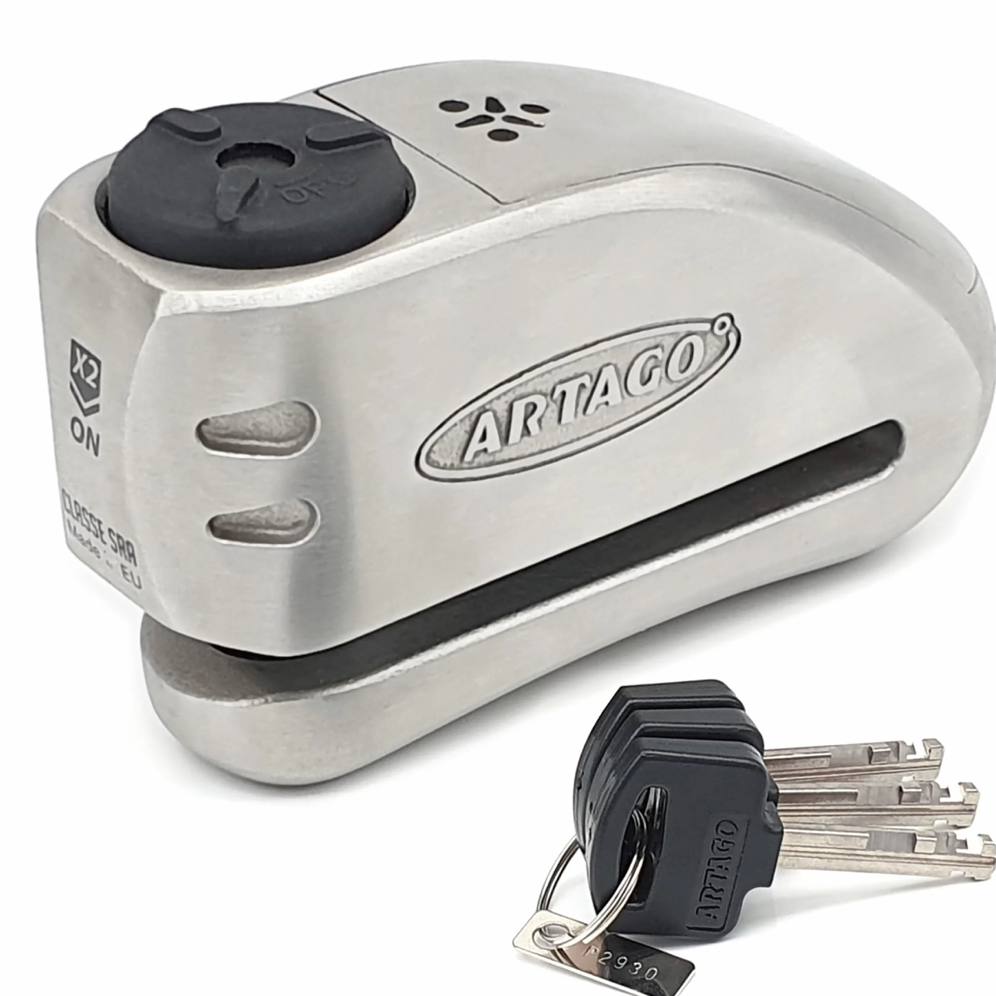 ARTAGO 32 Candado Moto Alta Gama, Mejor Antirrobo Disco con Alarma Inteligente Don't Touch 120dB, Homologado SRA y SSG, Exclusivo Triple Cierre Ø15.5, Blindaje Anti-Taladro 5mm, Pinza Cepo Acero Inox
