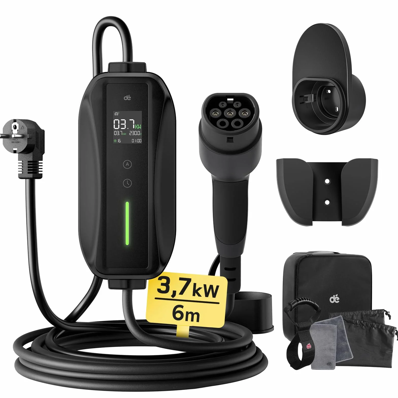 Cargador Coche Electrico 6m Tipo 2 Portatil 3,7kW 6-16A con Enfuse Schuko para Model Y/3 y BEV/PHEV