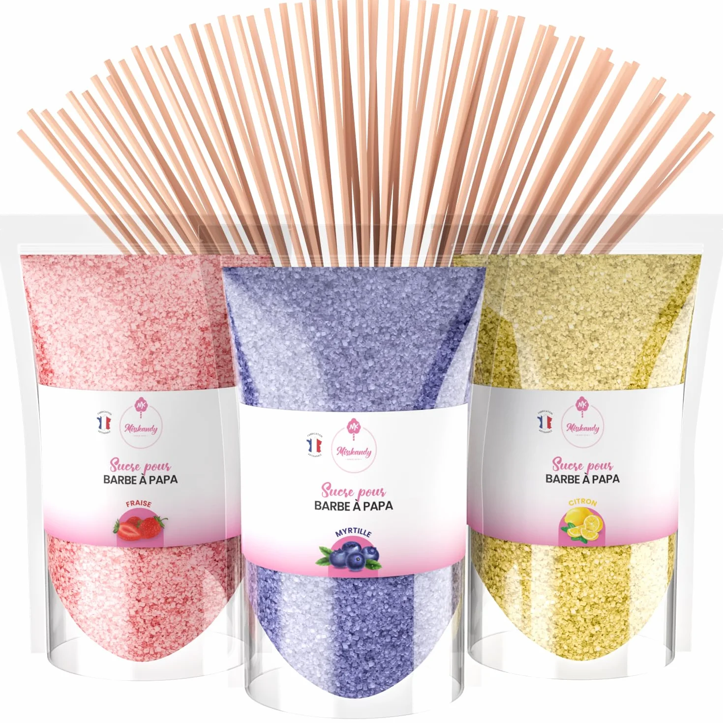 Misskandy Algodón de Azúcar para Máquina Pack 3x160g Sabores Naturales Fresa Arándano Limón