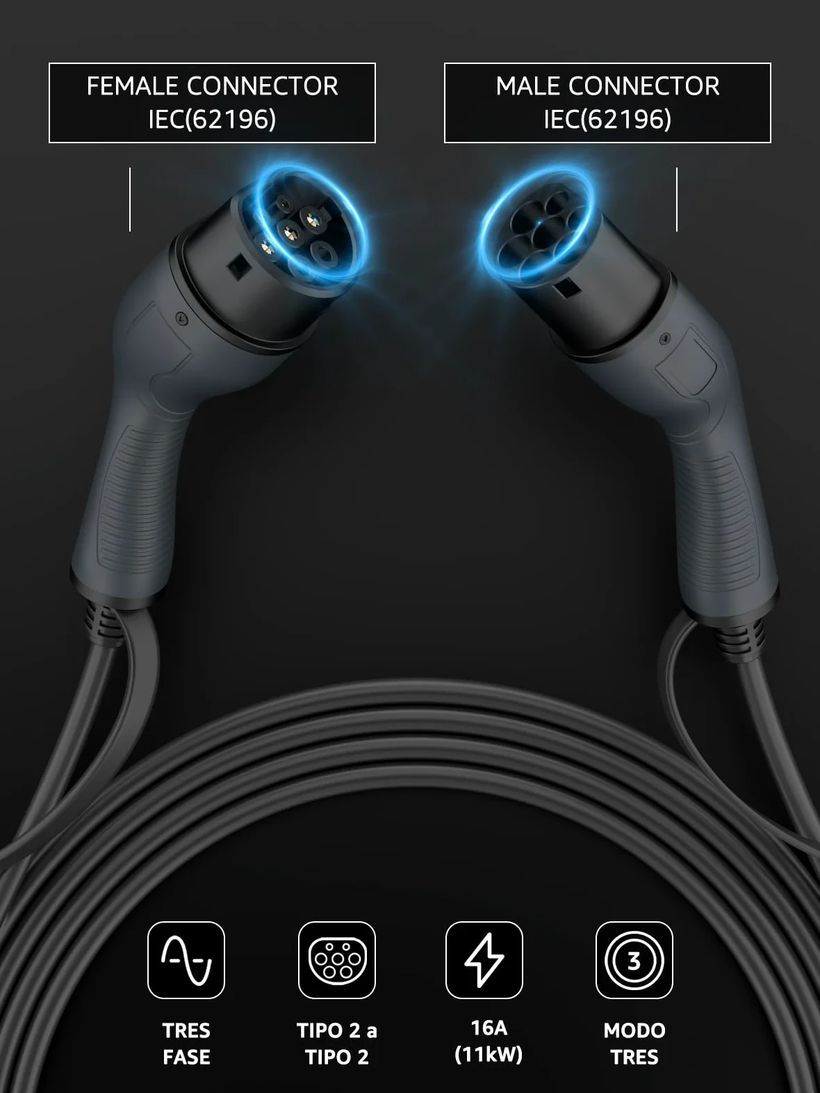 bokman EV Cable de Carga Tipo 2 11kW 8 Metros | Modo 3, 16A, Monofásico, Cable de Carga Rápida Híbrido Enchufable para Vehículo Eléctrico Tipo 2 a Tipo 2