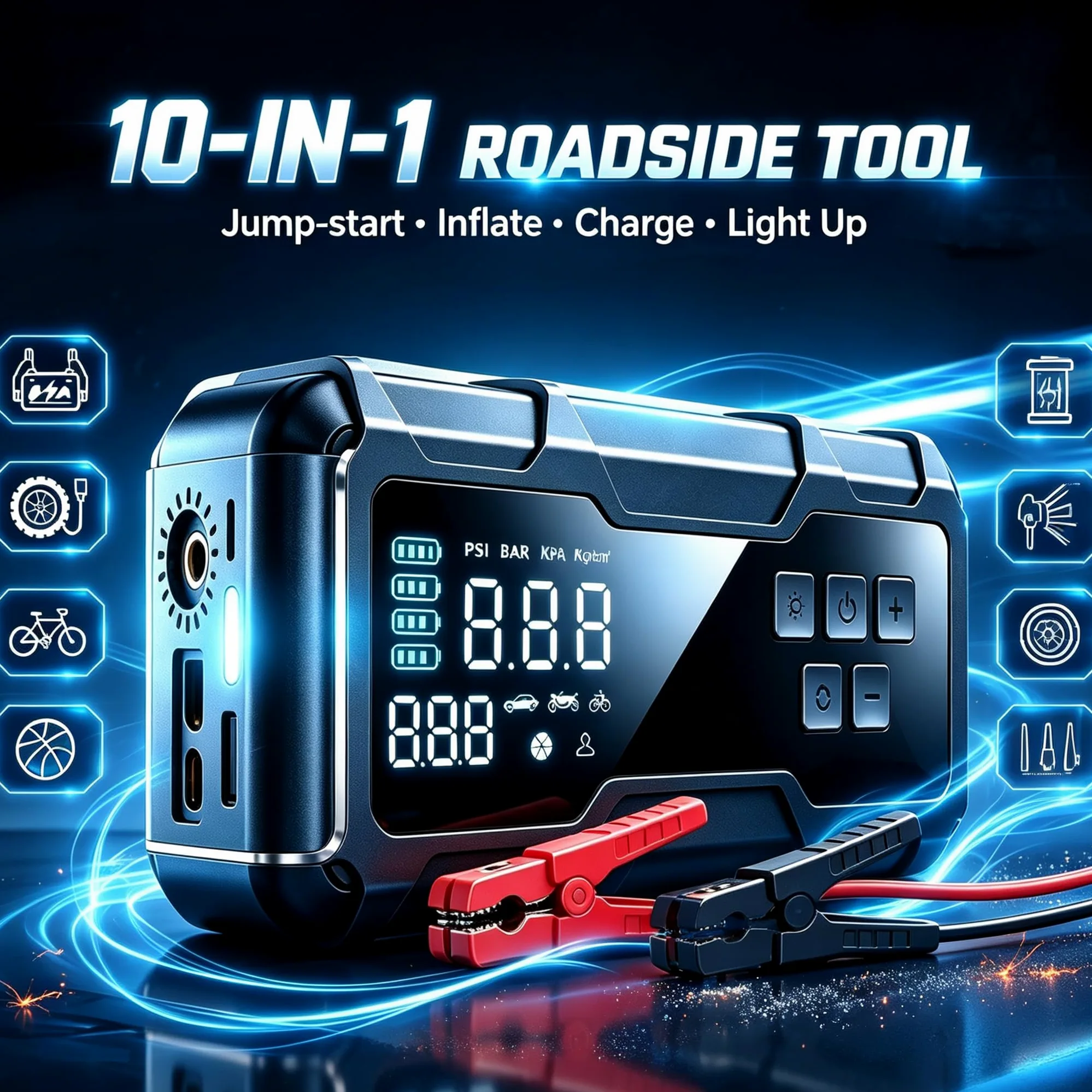Inflador de neumáticos portátil compresor de aire bomba de aire para neumáticos de coche con manómetro digital, iluminación de emergencia y función de apagado automático, bomba inalámbrica
