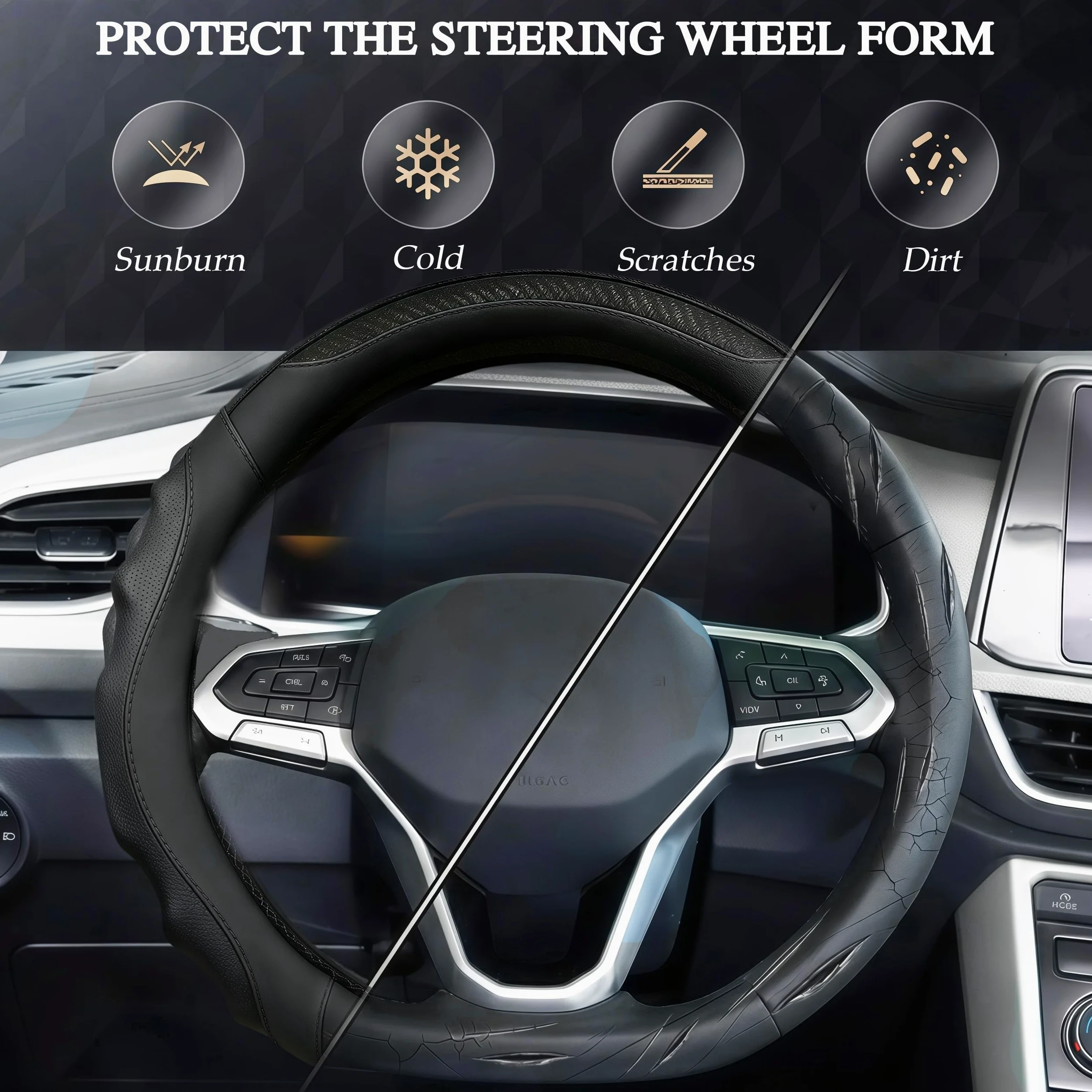 Funda de cuero para volante de automóvil, 14.5-15 pulgadas, antideslizante, universal para coches, camiones, SUV, accesorios de automóvil (línea negra - negra)