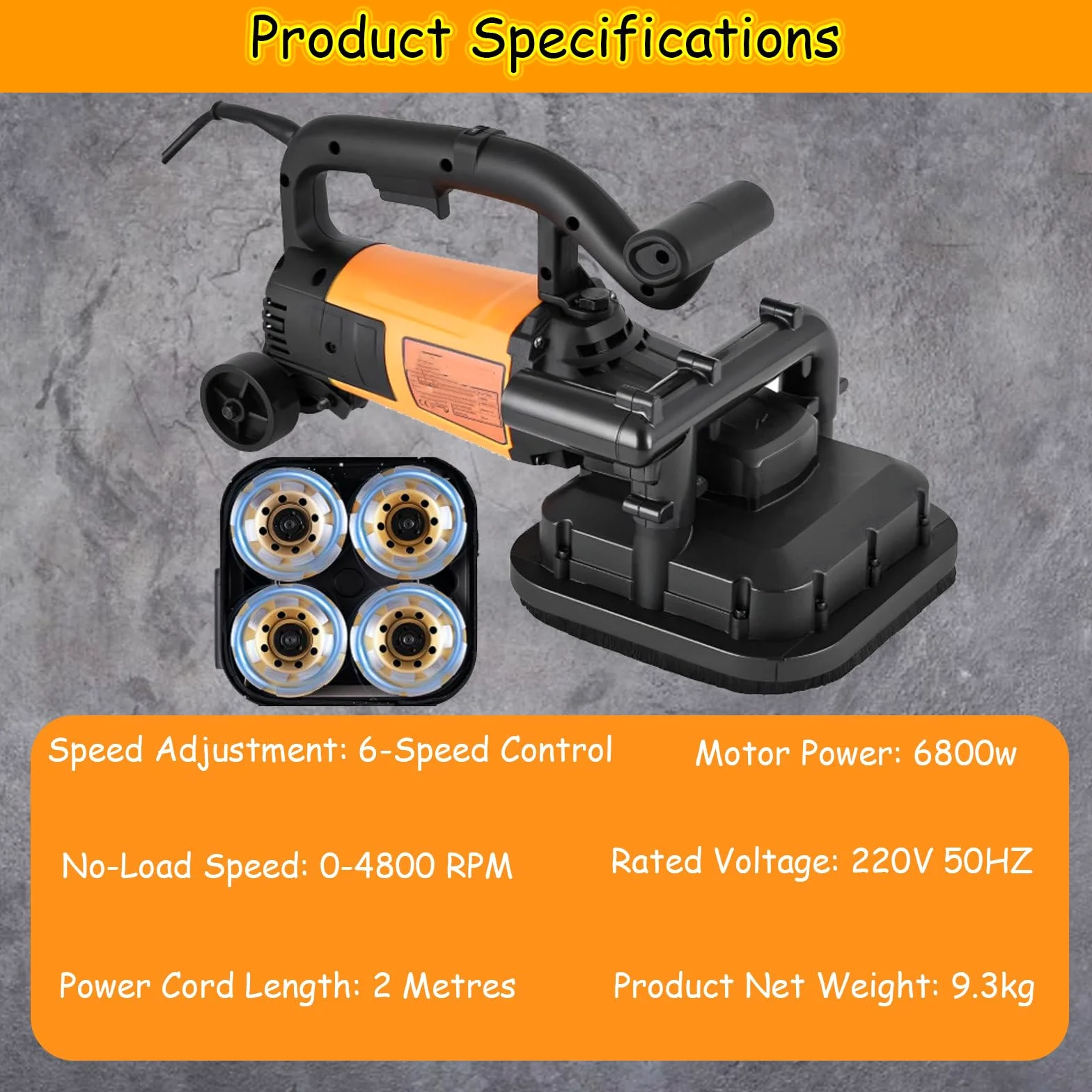 Amoladora de suelo de hormigón de 3800 W, pulidora de 4 pulgadas con varilla extensible, 6 engranajes, 6000 RPM para moler hormigón, cemento, mármol, herramienta versátil de pulido de suelos