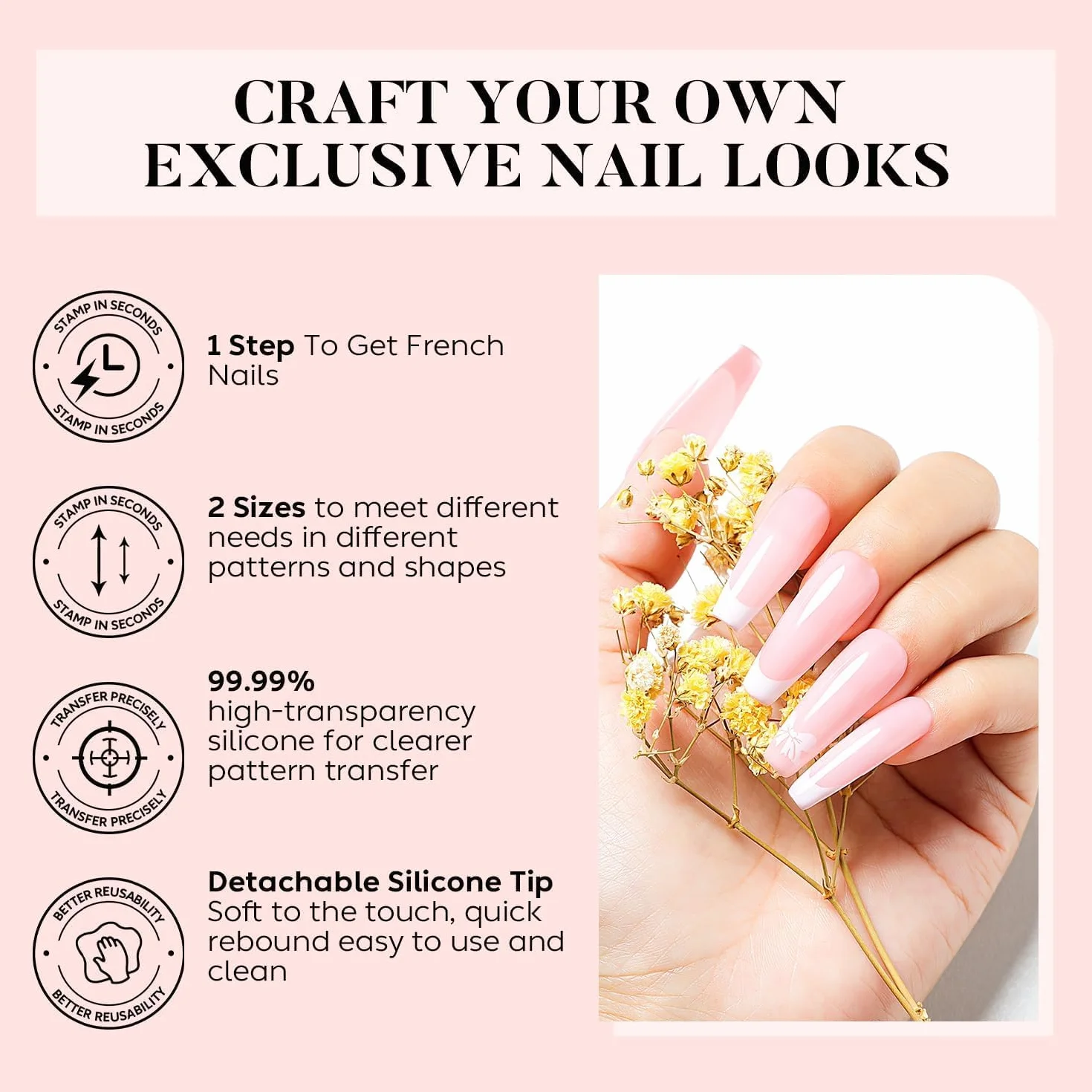 AIMEILI French Tip Nail Stamp 4PCS Nail Art Stamper Kit Clear Silicone Double Head Nail Stamper with Scrapers