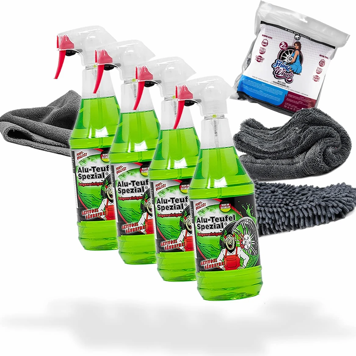 detailmate Juego de limpieza de llantas: 4 x Tuga Chemie Alu-Teufel 1 L limpiador de llantas + juego de Nuke Guys Shiny Wheels con paño y manopla de lavado + paño de microfibra Edgeless 380 g/m²