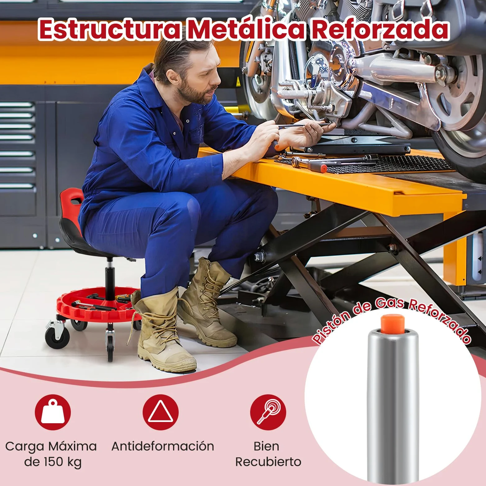 GYMAX Taburete de Taller, Taburete Mecánico con Asiento Aolchado Giratorio, Altura Ajustable, Bandeja para Herramientas, 5 Ruedas Universales, Asiento Rodante para Garaje Reparación Carga 150 kg