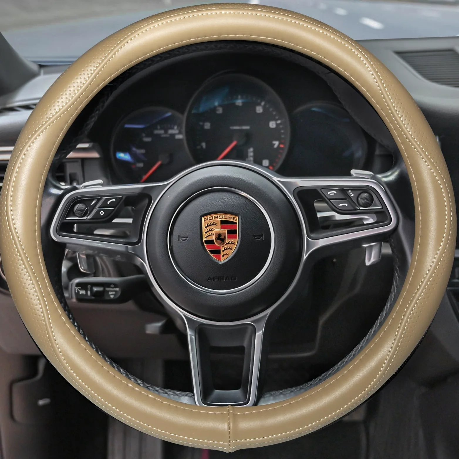 HAOKAY Funda de volante de cuero genuino beige de grado superior para hombres y mujeres, funda de volante de lujo para coches, SUV y camiones, universal de 14.5 a 15 pulgadas